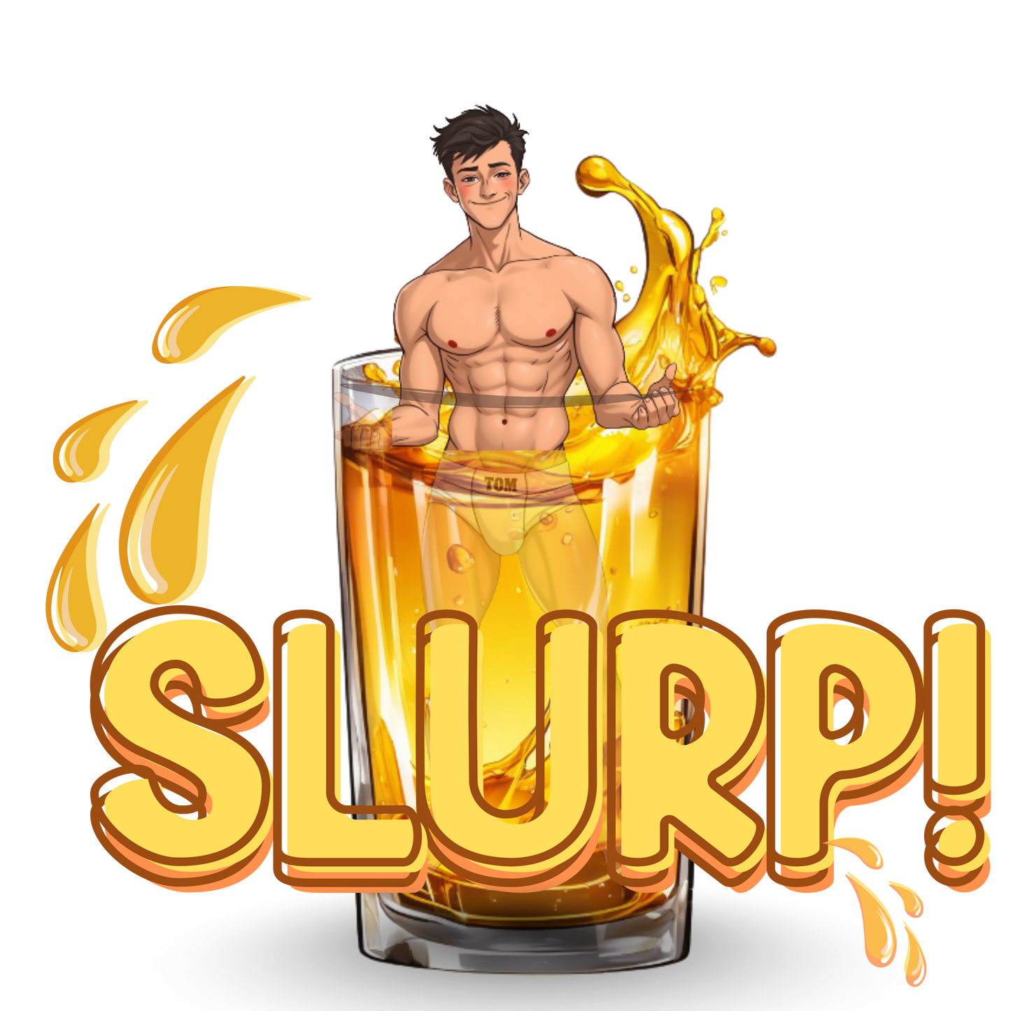 Illustration of a shirtless man holding a glass of orange juice with the word 'SLURP!' on a white background.
