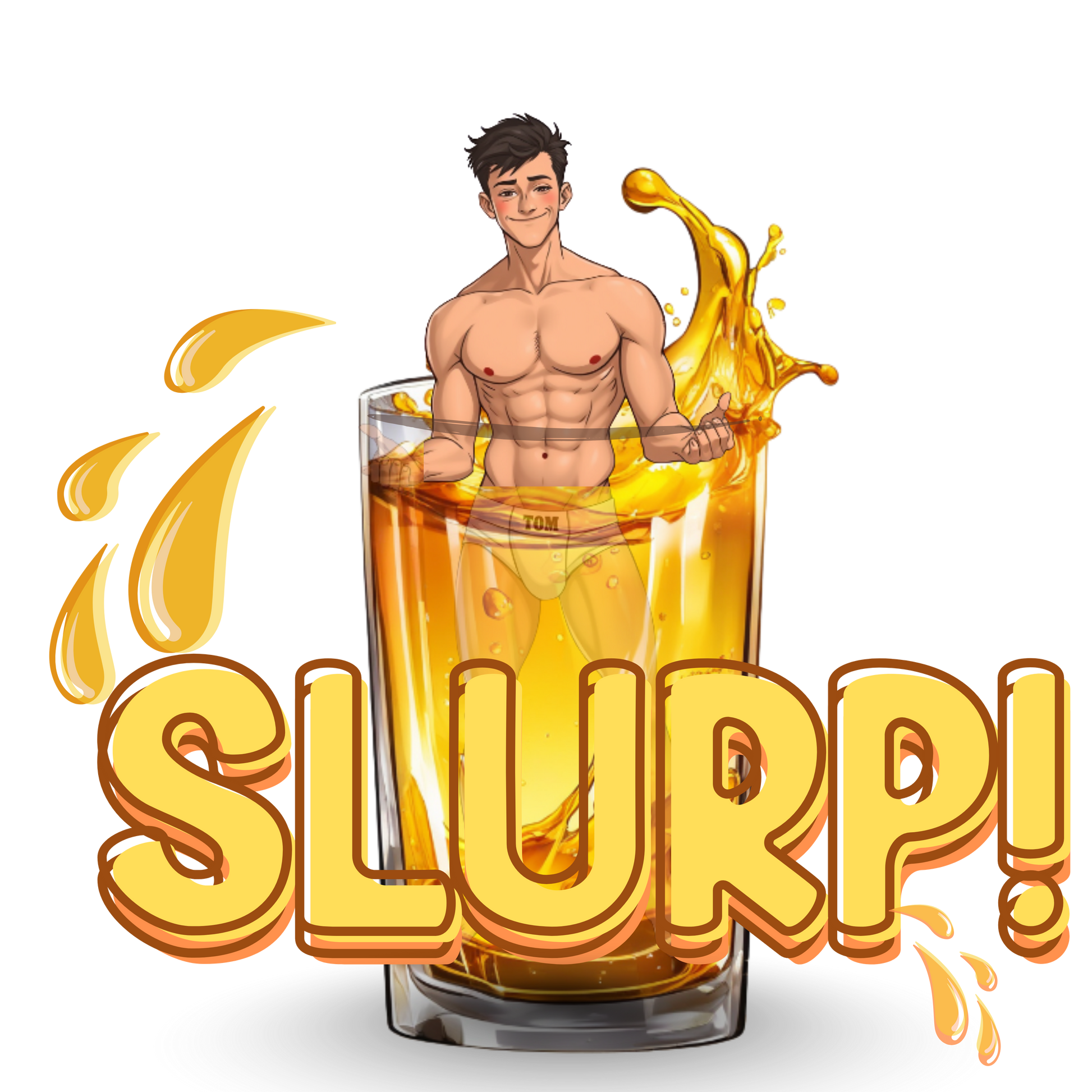 Illustration of a shirtless man holding a glass of orange juice with the word 'SLURP!' on a white background.