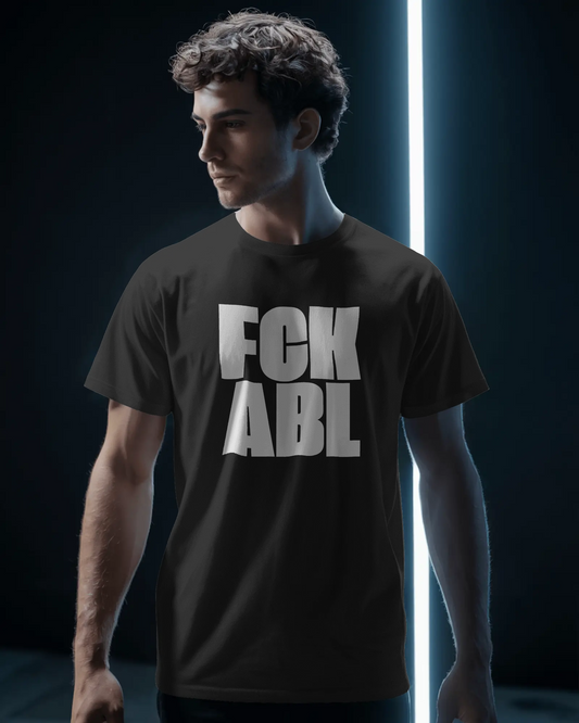 Man wearing a black t-shirt with 'FCK ABL' text against a dark background