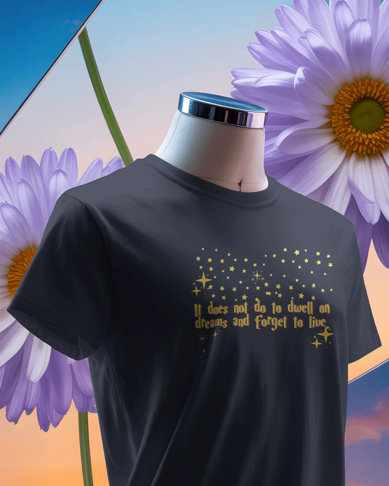 Black t-shirt with gold text on a mannequin against a colorful floral background, Dumbledore quote, harry potter