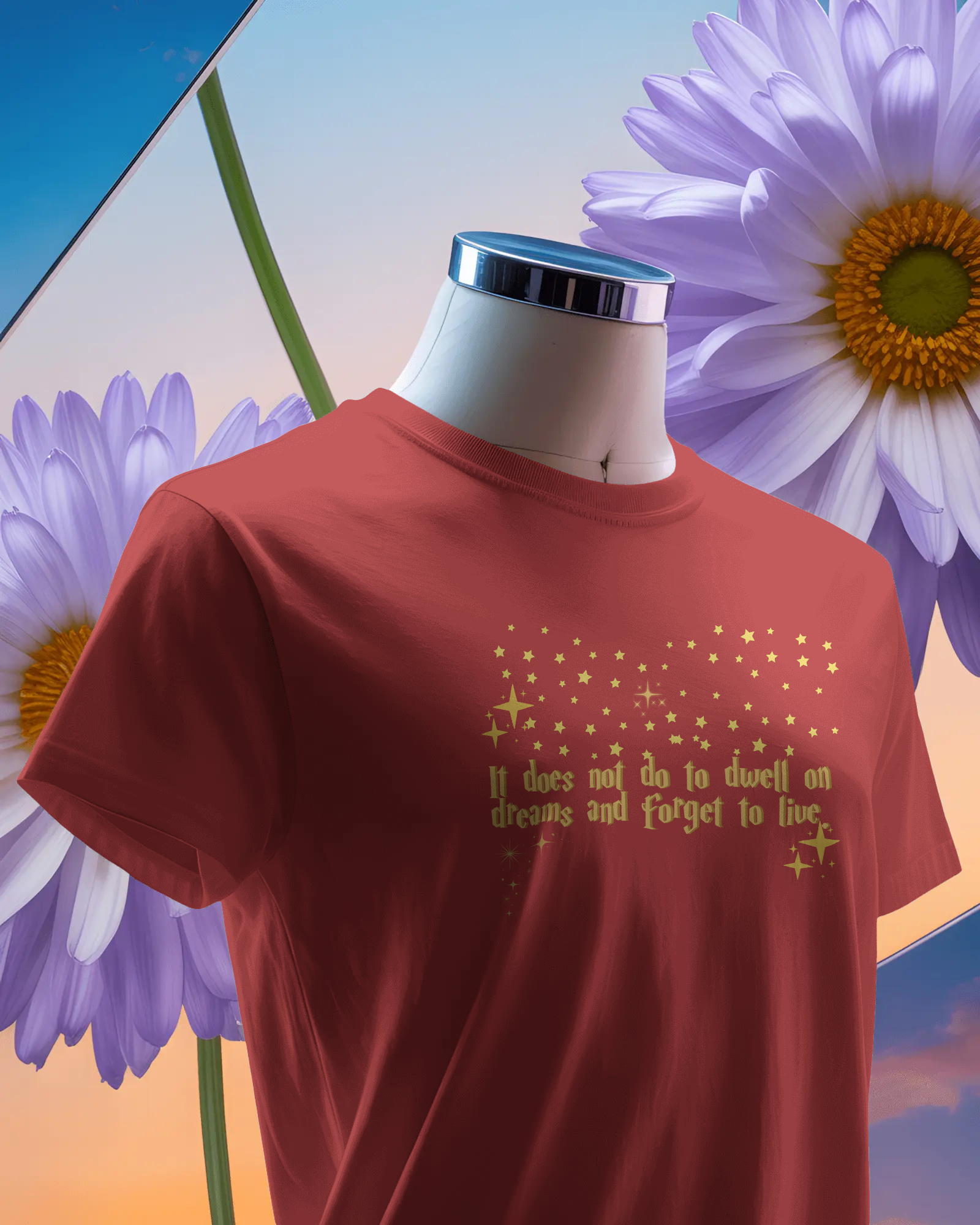 Red t-shirt with yellow text on a mannequin against a colorful floral background ,Dumbledore quote, harry potter