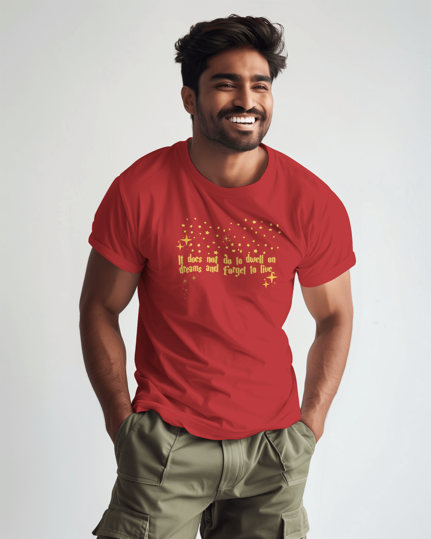 Man wearing a red t-shirt with yellow text on a plain background, Dumbledore quote, harry potter