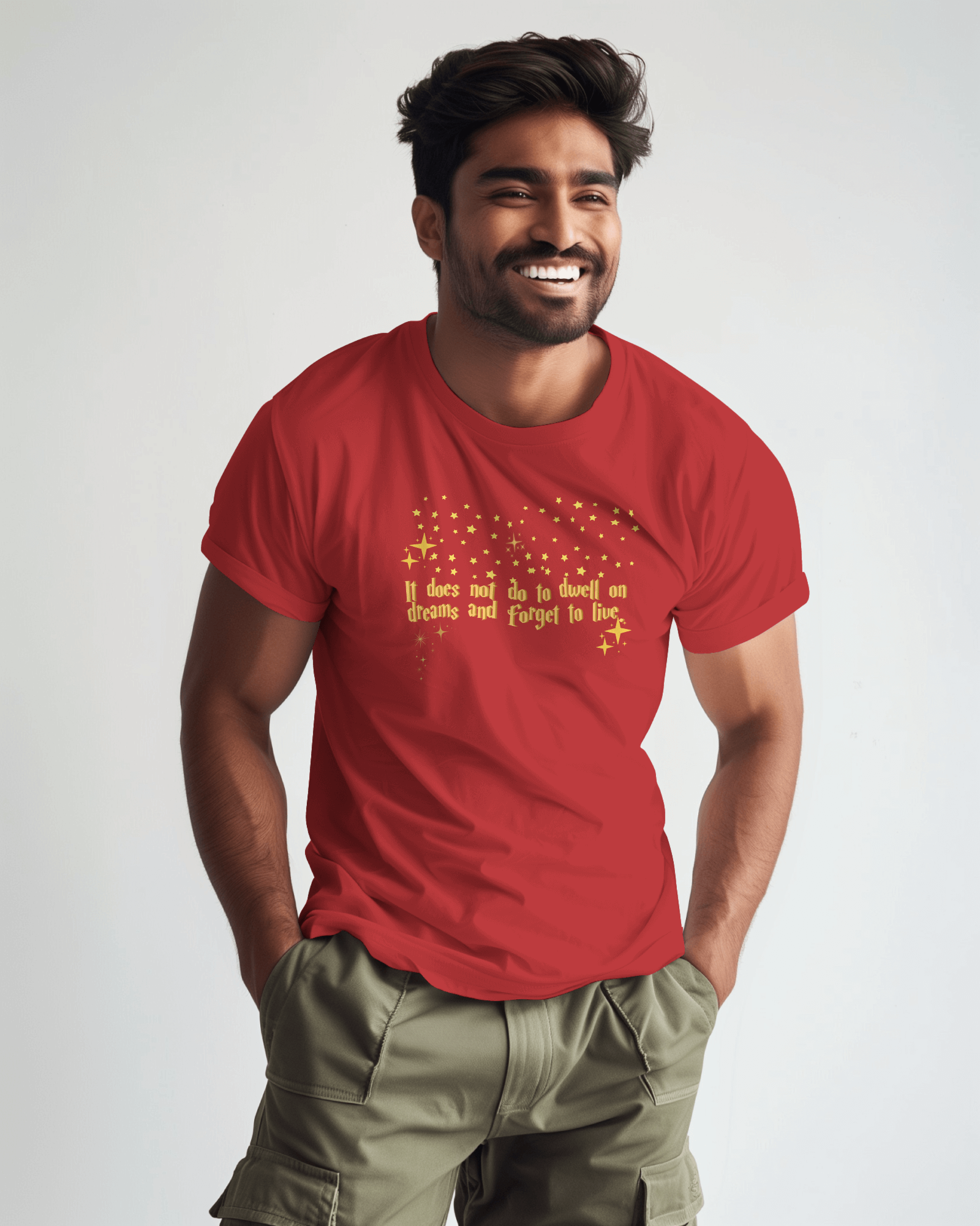 Man wearing a red t-shirt with yellow text on a plain background, Dumbledore quote, harry potter