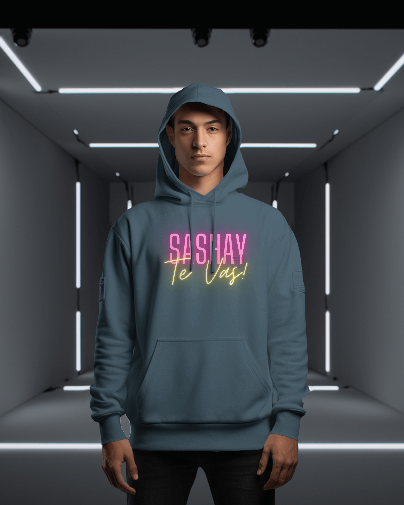 Person wearing a teal hoodie with colorful text in a futuristic setting  Drag Race Espana, Drag Race Spain, Rupaul's drag race, Drag queens, LGBT, Queer culture