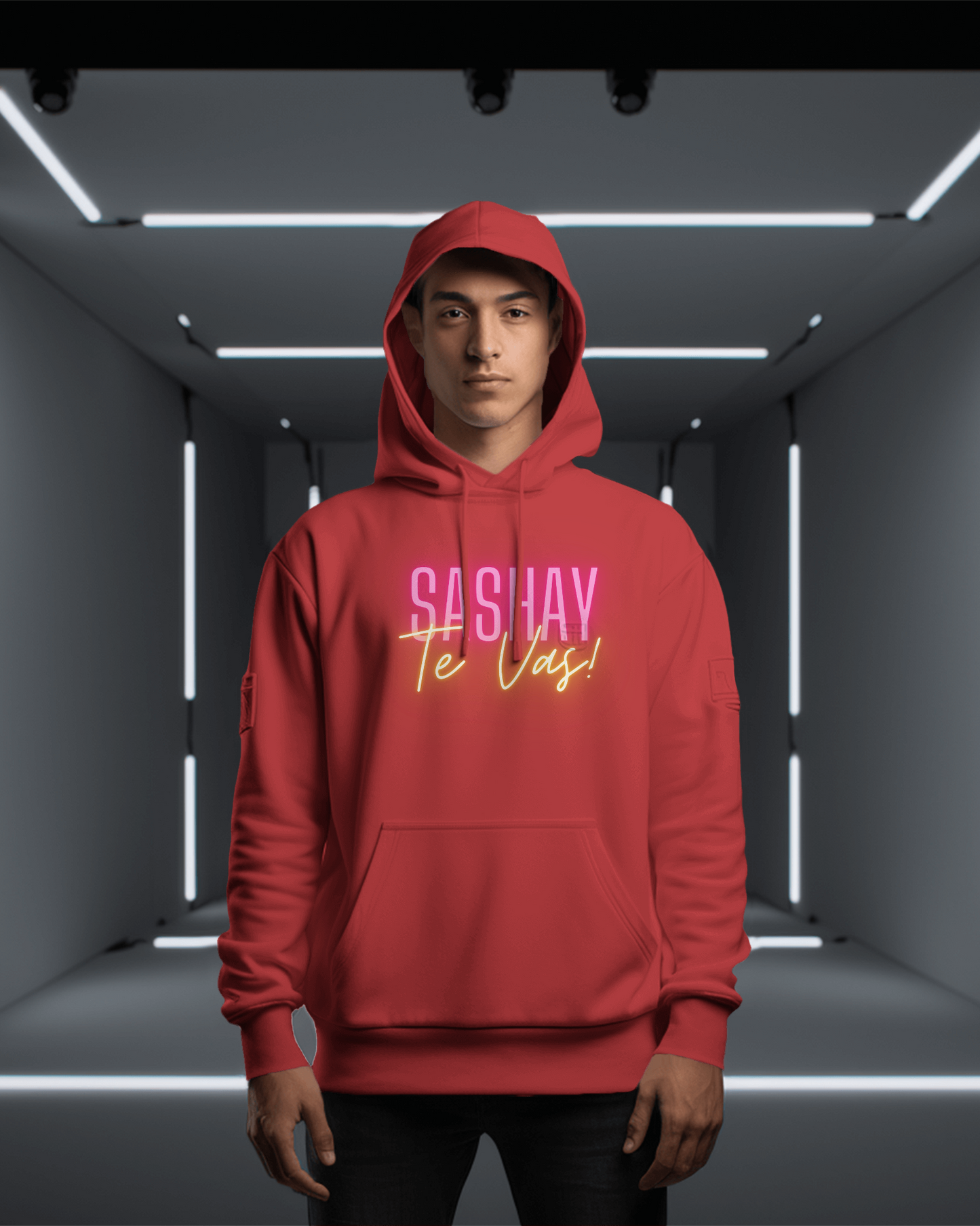 Person wearing a red hoodie with text in a futuristic indoor setting  Drag Race Espana, Drag Race Spain, Rupaul's drag race, Drag queens, LGBT, Queer culture
