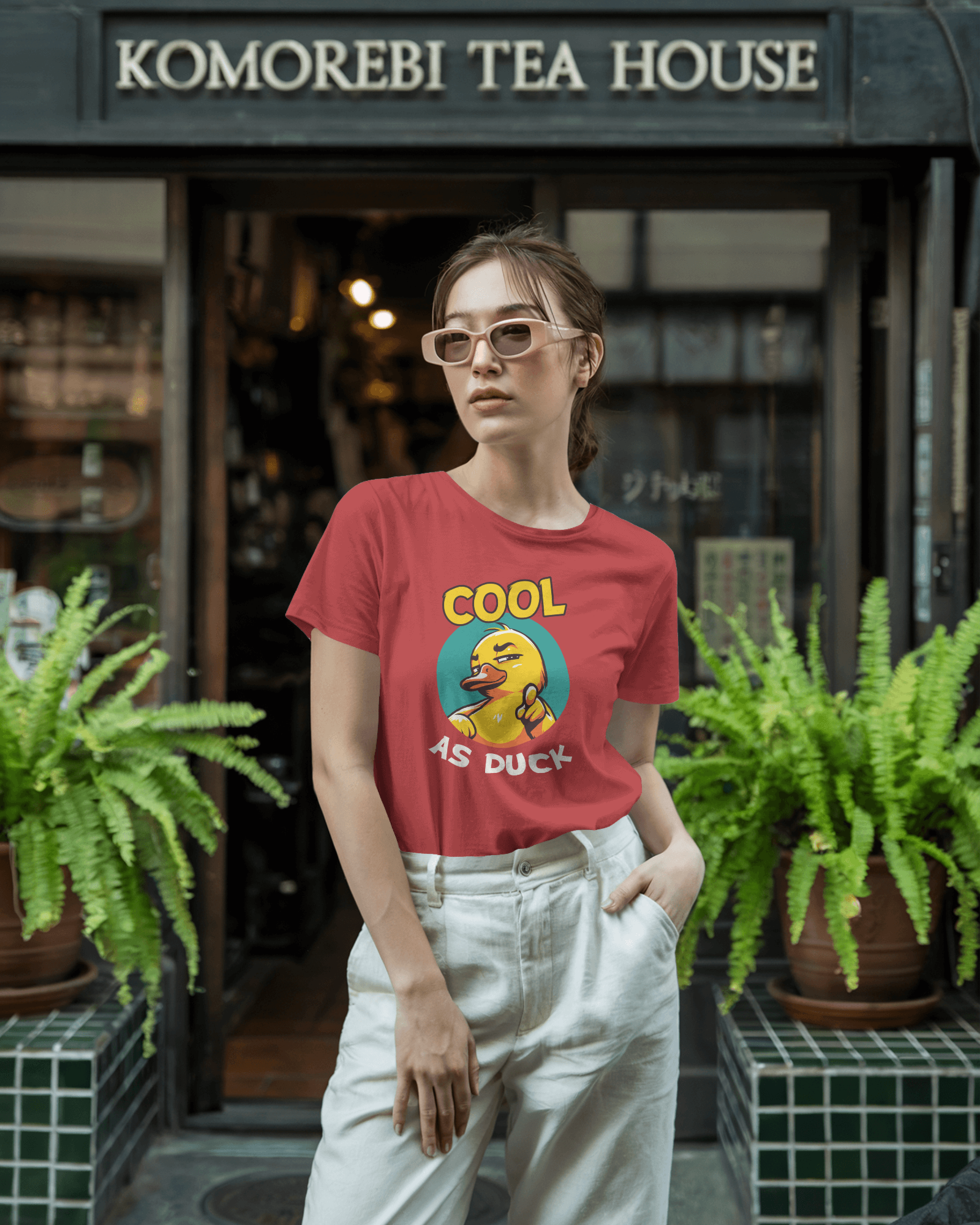 Person wearing a red t-shirt with a graphic design in front of Komorebi Tea House.