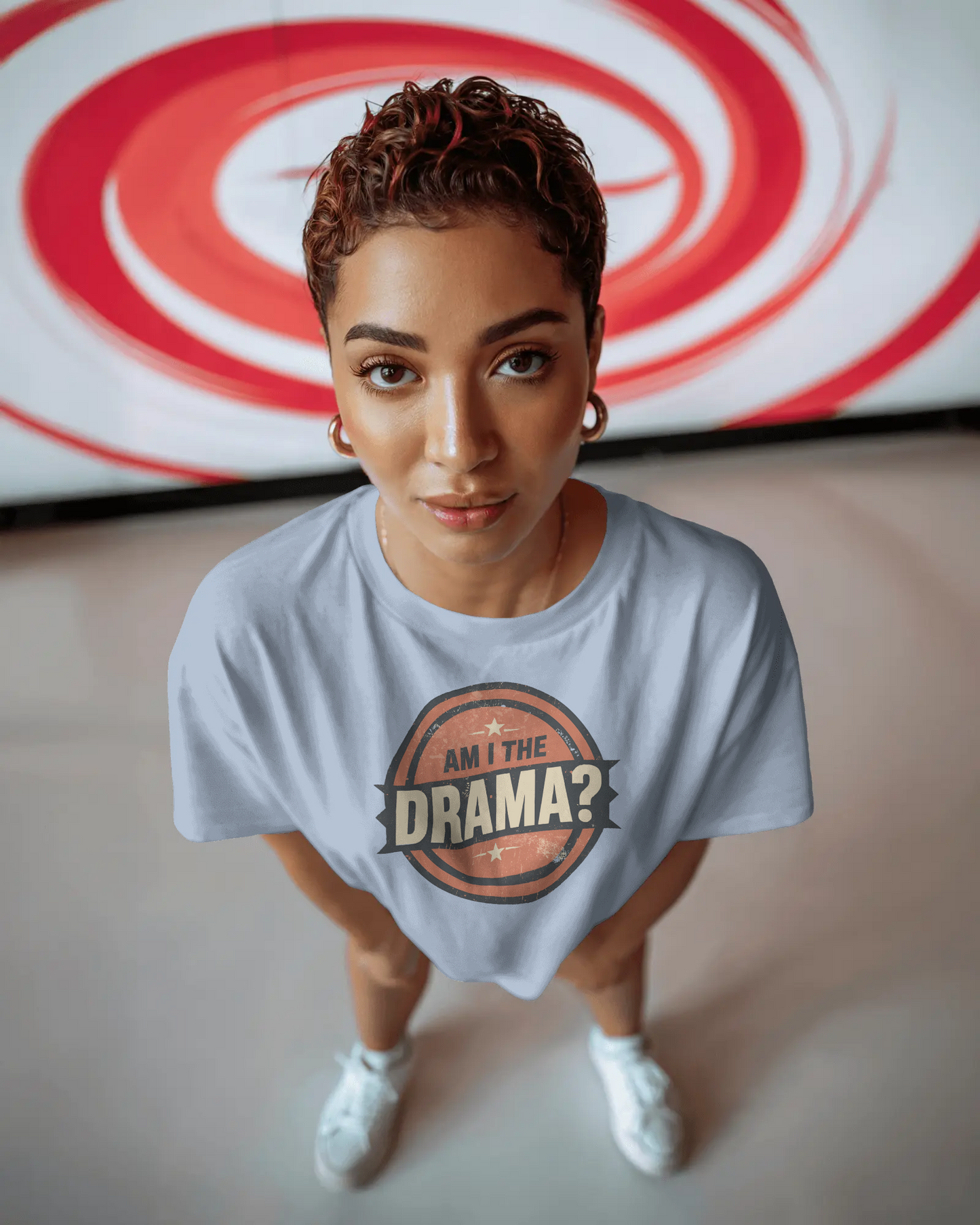 Circular logo with 'Am I The Drama?' text on a white background Am I the Drama? - Short Sleeve Tee - Funny T-Shirt for Social Events, Gift for Friends, Casual Wear, Birthday Present, and Drama Lovers