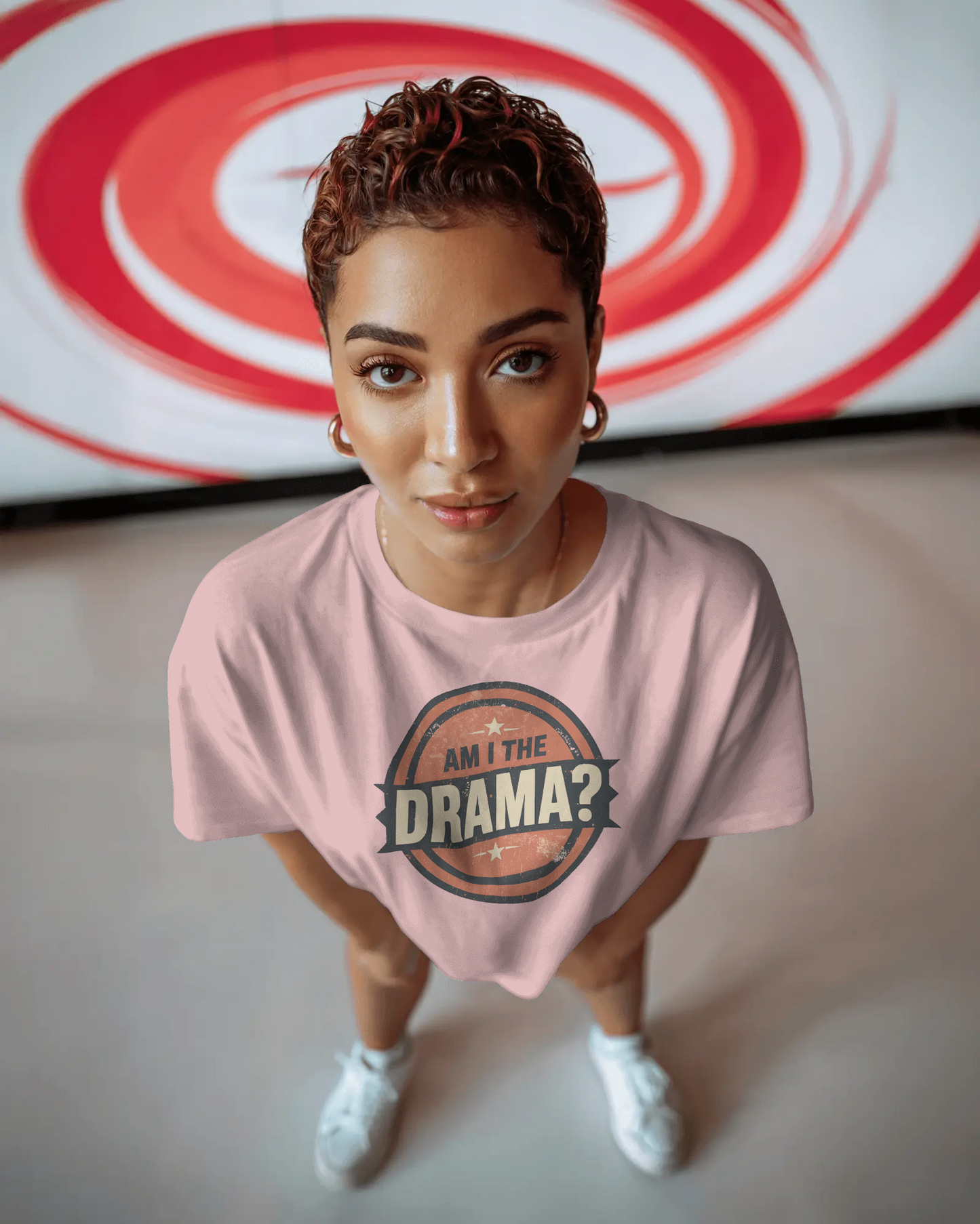 Circular logo with 'Am I The Drama?' text on a white background Am I the Drama? - Short Sleeve Tee - Funny T-Shirt for Social Events, Gift for Friends, Casual Wear, Birthday Present, and Drama Lovers