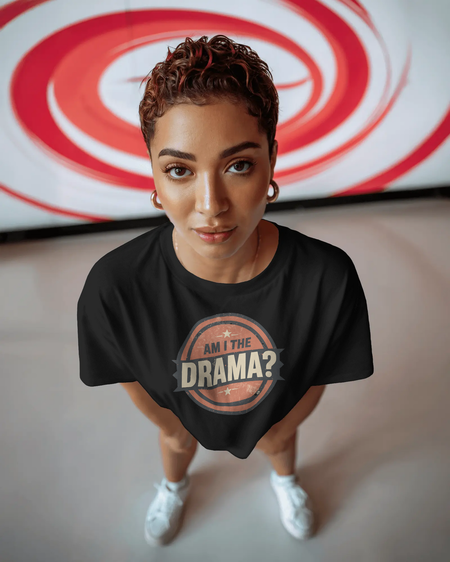 Circular logo with 'Am I The Drama?' text on a white background Am I the Drama? - Short Sleeve Tee - Funny T-Shirt for Social Events, Gift for Friends, Casual Wear, Birthday Present, and Drama Lovers