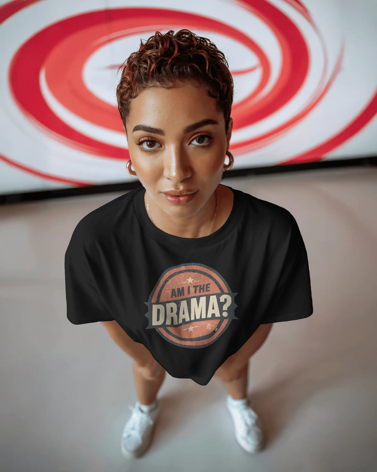 Circular logo with 'Am I The Drama?' text on a white background Am I the Drama? - Short Sleeve Tee - Funny T-Shirt for Social Events, Gift for Friends, Casual Wear, Birthday Present, and Drama Lovers