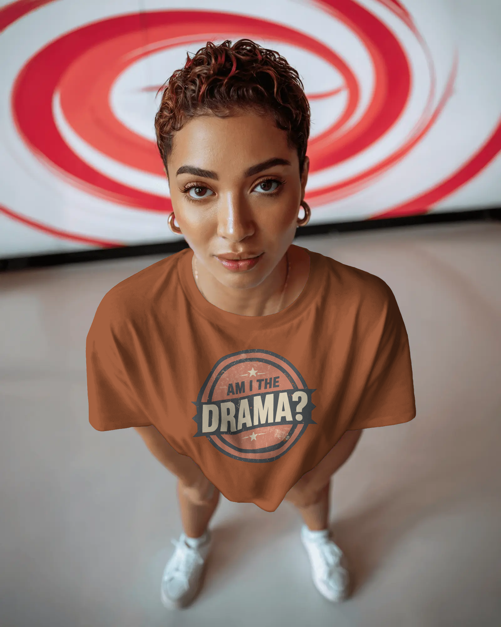 Circular logo with 'Am I The Drama?' text on a white background Am I the Drama? - Short Sleeve Tee - Funny T-Shirt for Social Events, Gift for Friends, Casual Wear, Birthday Present, and Drama Lovers