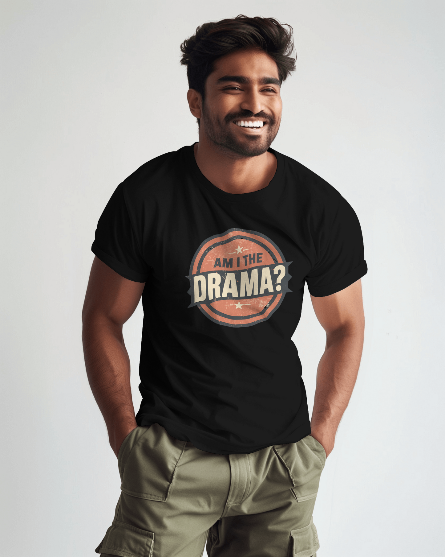 Circular logo with 'Am I The Drama?' text on a white background Am I the Drama? - Short Sleeve Tee - Funny T-Shirt for Social Events, Gift for Friends, Casual Wear, Birthday Present, and Drama Lovers