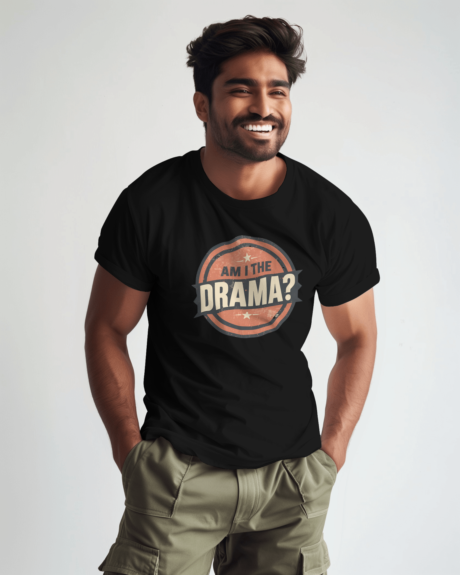 Circular logo with 'Am I The Drama?' text on a white background Am I the Drama? - Short Sleeve Tee - Funny T-Shirt for Social Events, Gift for Friends, Casual Wear, Birthday Present, and Drama Lovers