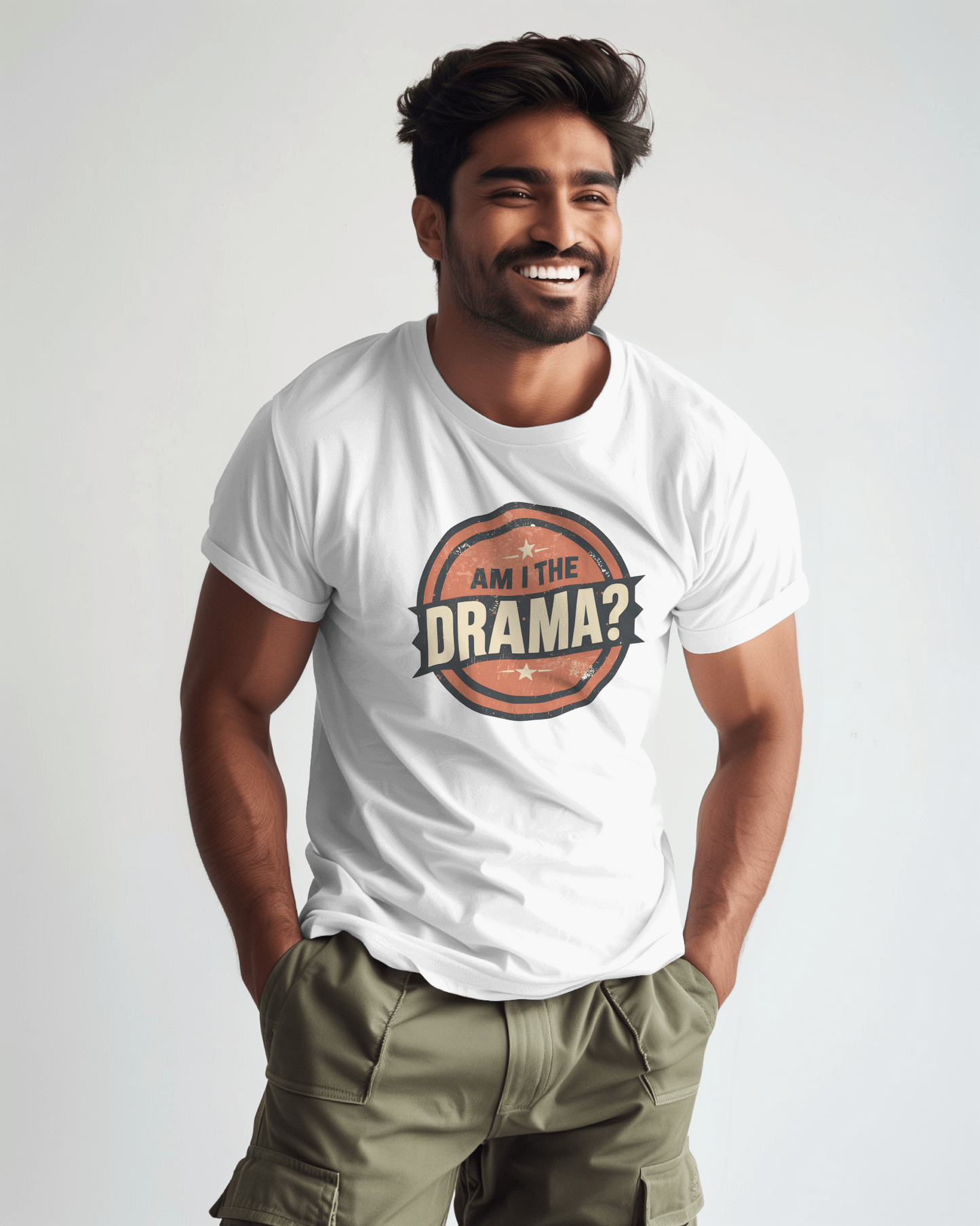 Circular logo with 'Am I The Drama?' text on a white background Am I the Drama? - Short Sleeve Tee - Funny T-Shirt for Social Events, Gift for Friends, Casual Wear, Birthday Present, and Drama Lovers