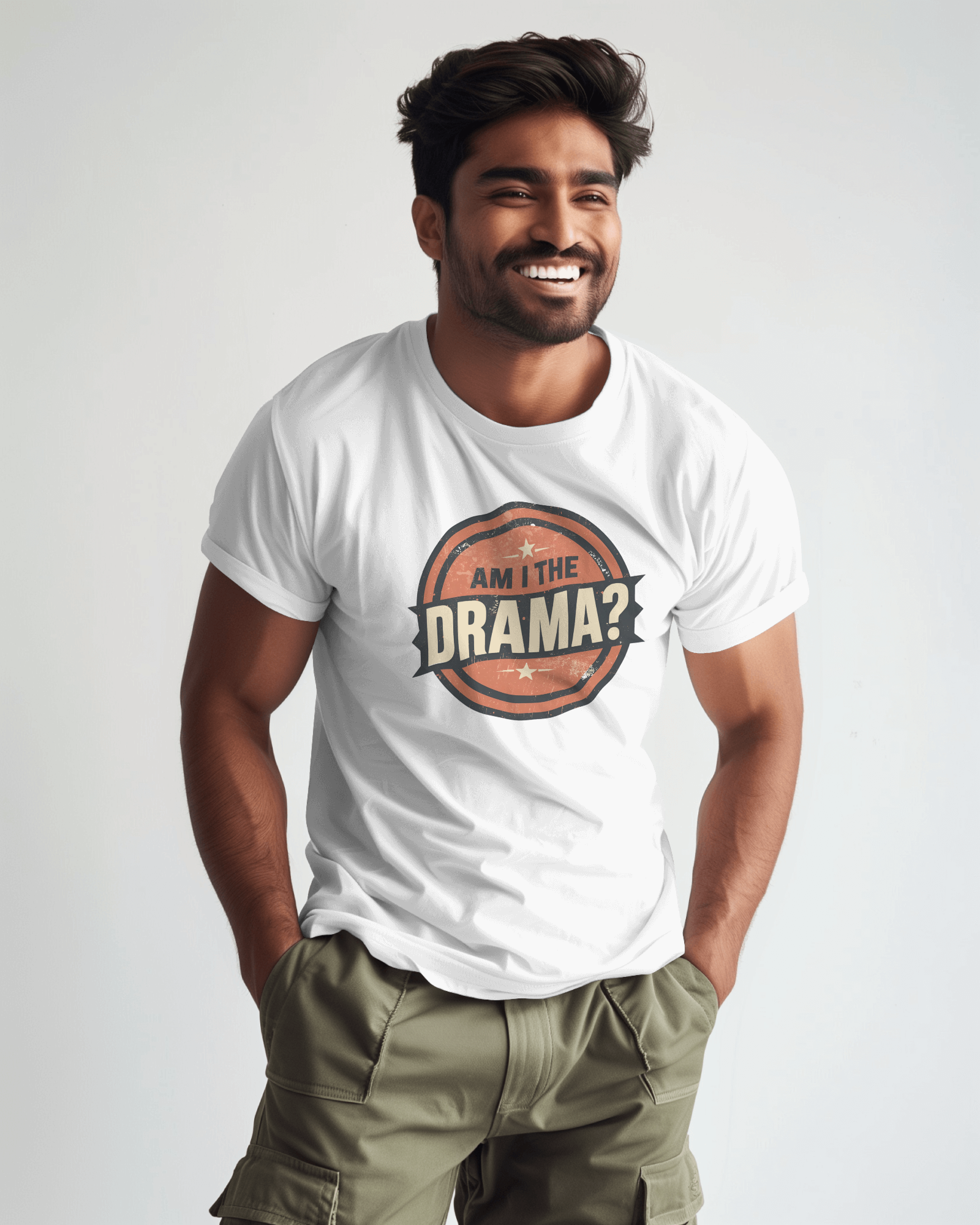 Circular logo with 'Am I The Drama?' text on a white background Am I the Drama? - Short Sleeve Tee - Funny T-Shirt for Social Events, Gift for Friends, Casual Wear, Birthday Present, and Drama Lovers