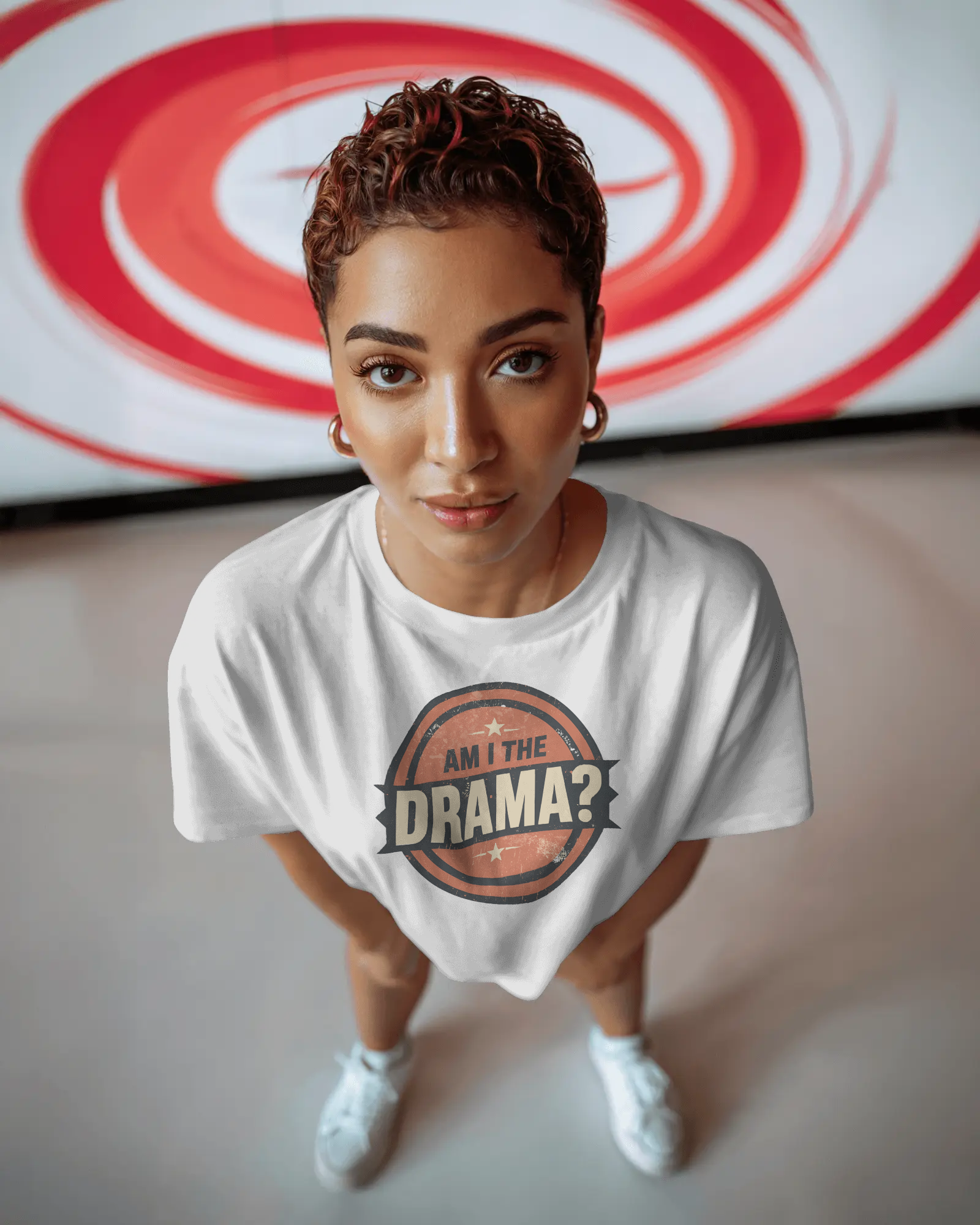 Circular logo with 'Am I The Drama?' text on a white background Am I the Drama? - Short Sleeve Tee - Funny T-Shirt for Social Events, Gift for Friends, Casual Wear, Birthday Present, and Drama Lovers