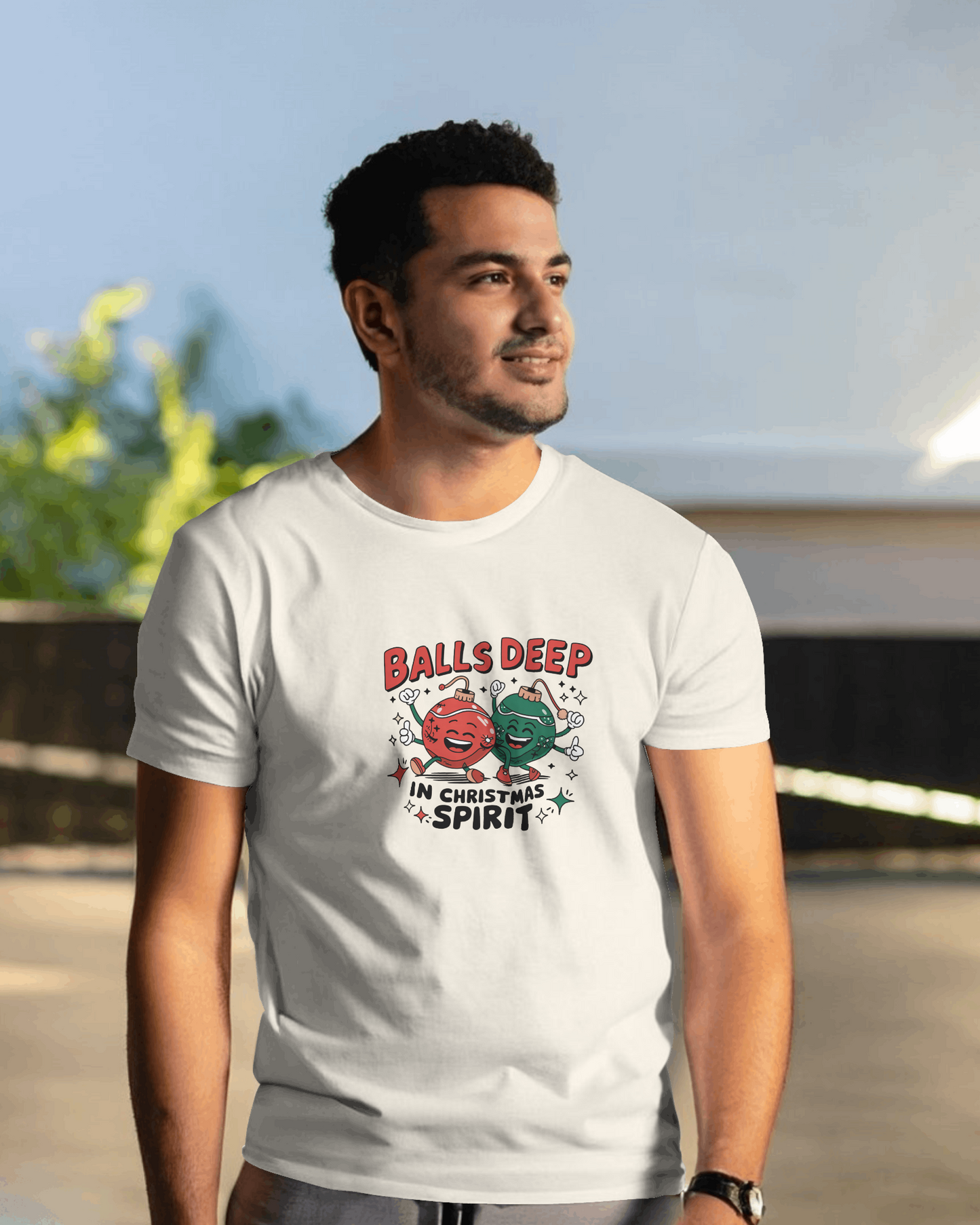 Balls deep in Christmas Sprit -Funny Christmas Humor Tee, Unisex Jersey Short Sleeve T-Shirt with Holiday Design, Holiday Gift, Christmas Party Shirt, Festive Apparel