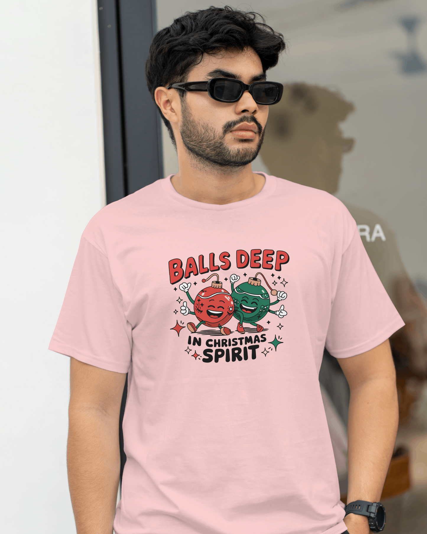 Balls deep in Christmas Sprit -Funny Christmas Humor Tee, Unisex Jersey Short Sleeve T-Shirt with Holiday Design, Holiday Gift, Christmas Party Shirt, Festive Apparel