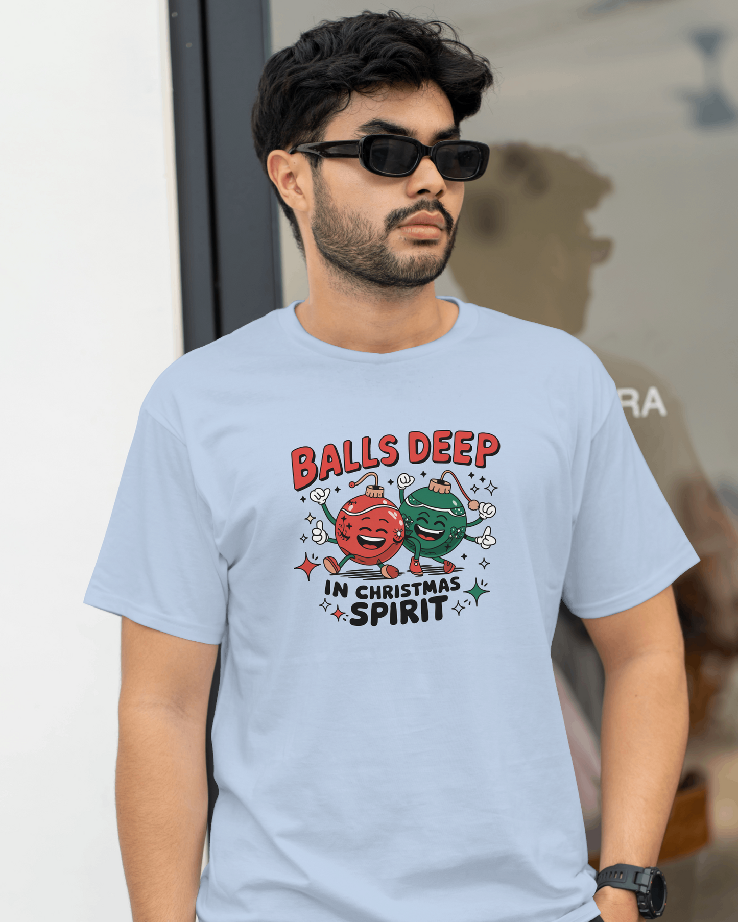 Balls deep in Christmas Sprit -Funny Christmas Humor Tee, Unisex Jersey Short Sleeve T-Shirt with Holiday Design, Holiday Gift, Christmas Party Shirt, Festive Apparel