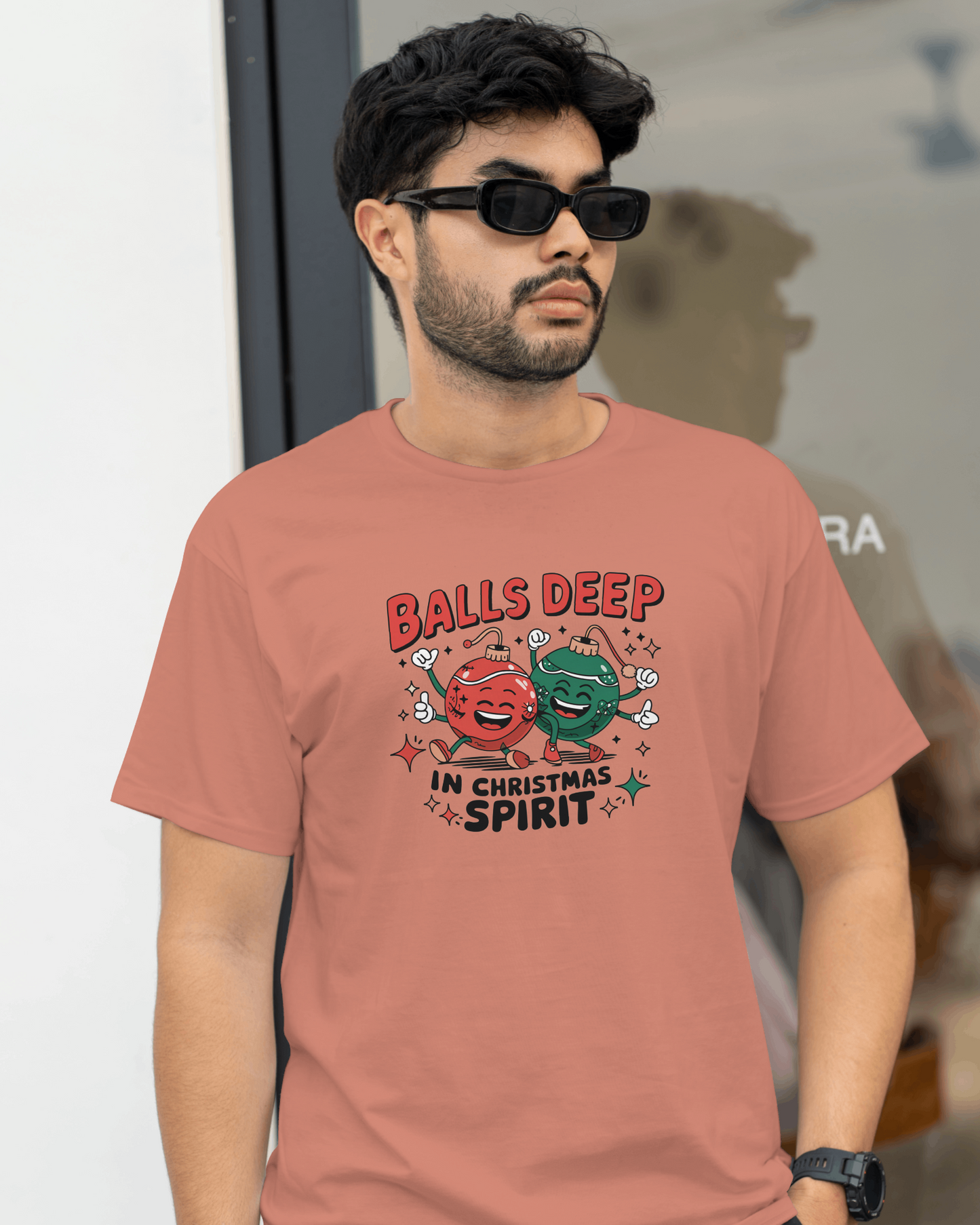 Balls deep in Christmas Sprit -Funny Christmas Humor Tee, Unisex Jersey Short Sleeve T-Shirt with Holiday Design, Holiday Gift, Christmas Party Shirt, Festive Apparel