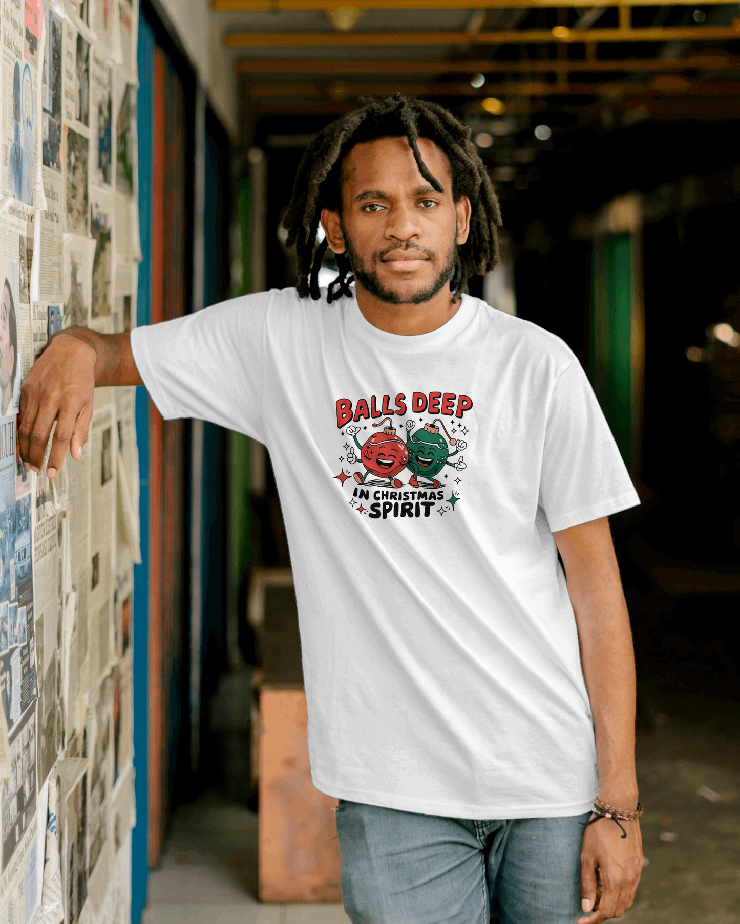 Balls deep in Christmas Sprit -Funny Christmas Humor Tee, Unisex Jersey Short Sleeve T-Shirt with Holiday Design, Holiday Gift, Christmas Party Shirt, Festive Apparel