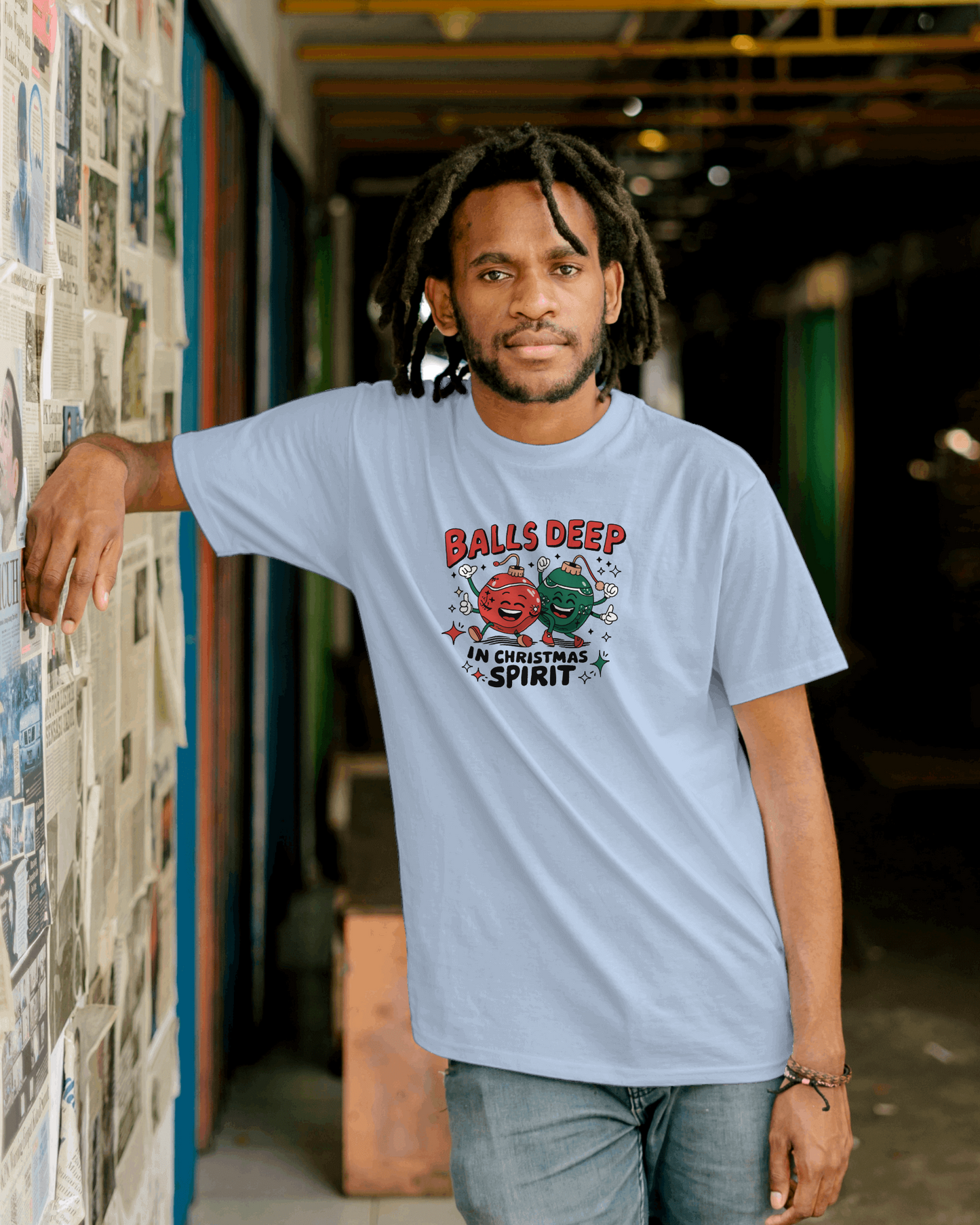 Balls deep in Christmas Sprit -Funny Christmas Humor Tee, Unisex Jersey Short Sleeve T-Shirt with Holiday Design, Holiday Gift, Christmas Party Shirt, Festive Apparel