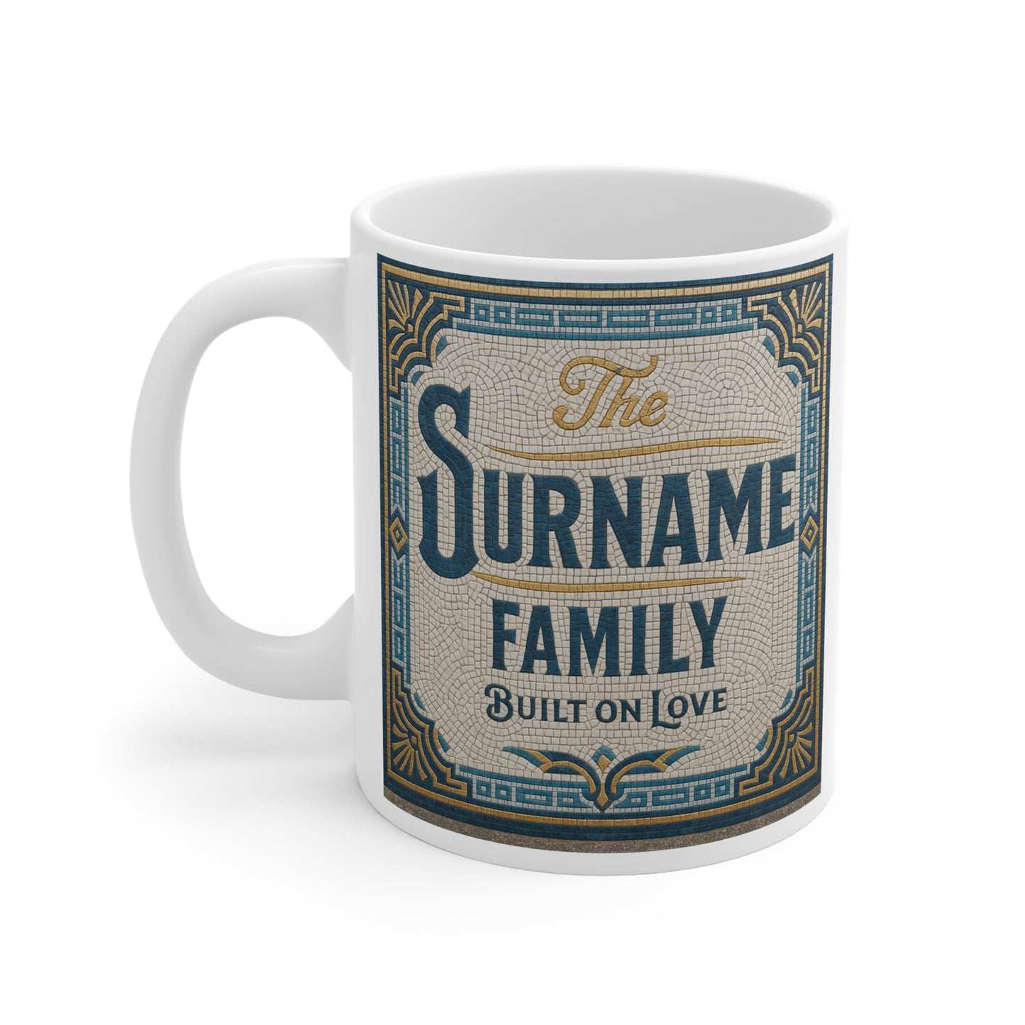 Family Name Ceramic Mug — Personalized "The Surname Family: Built on Love" Vintage Design