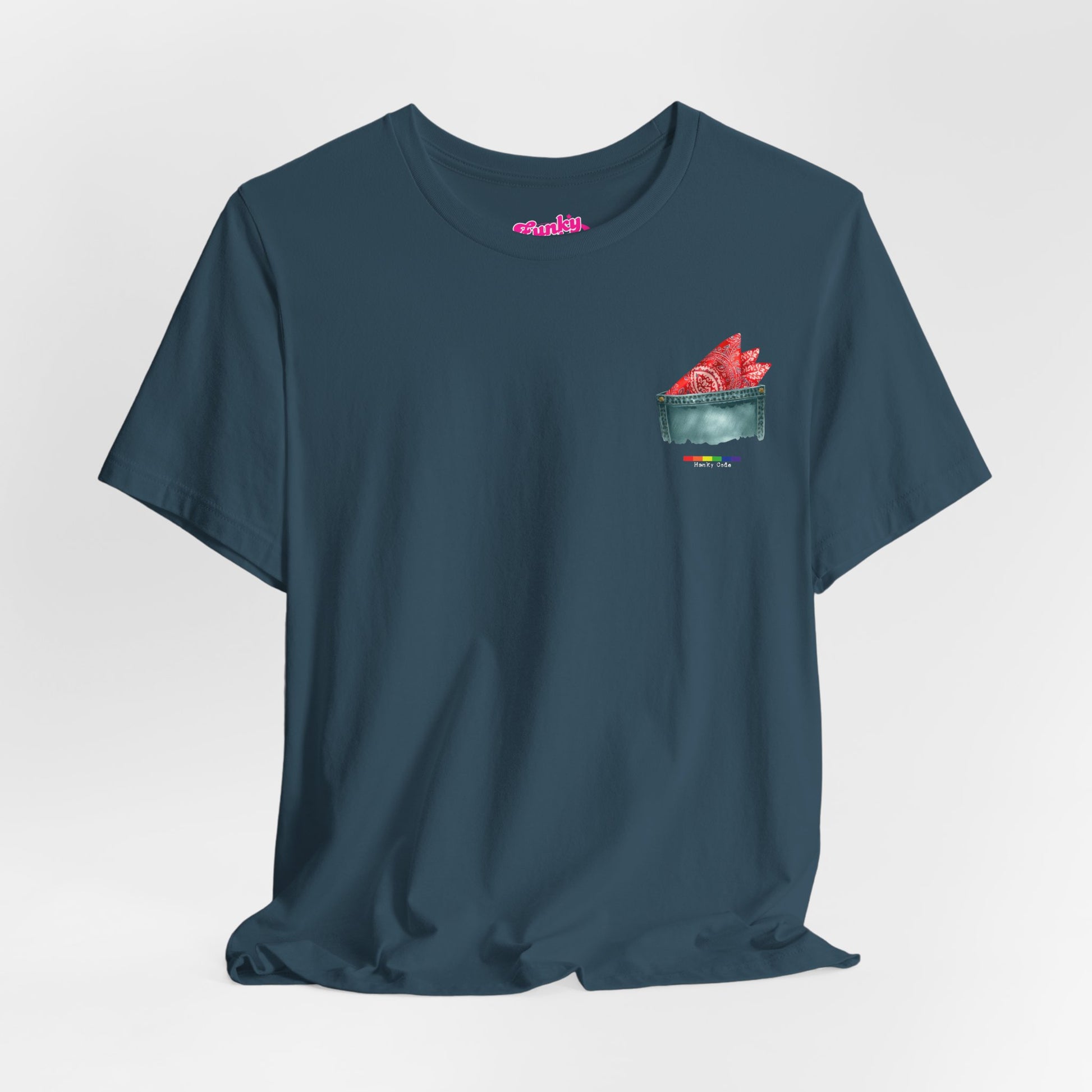 Deep Teal t-shirt with a small graphic of a pocket with a paisley print hanky tucked inside. it features the LGBT rainbow colours and the words Hanky Code