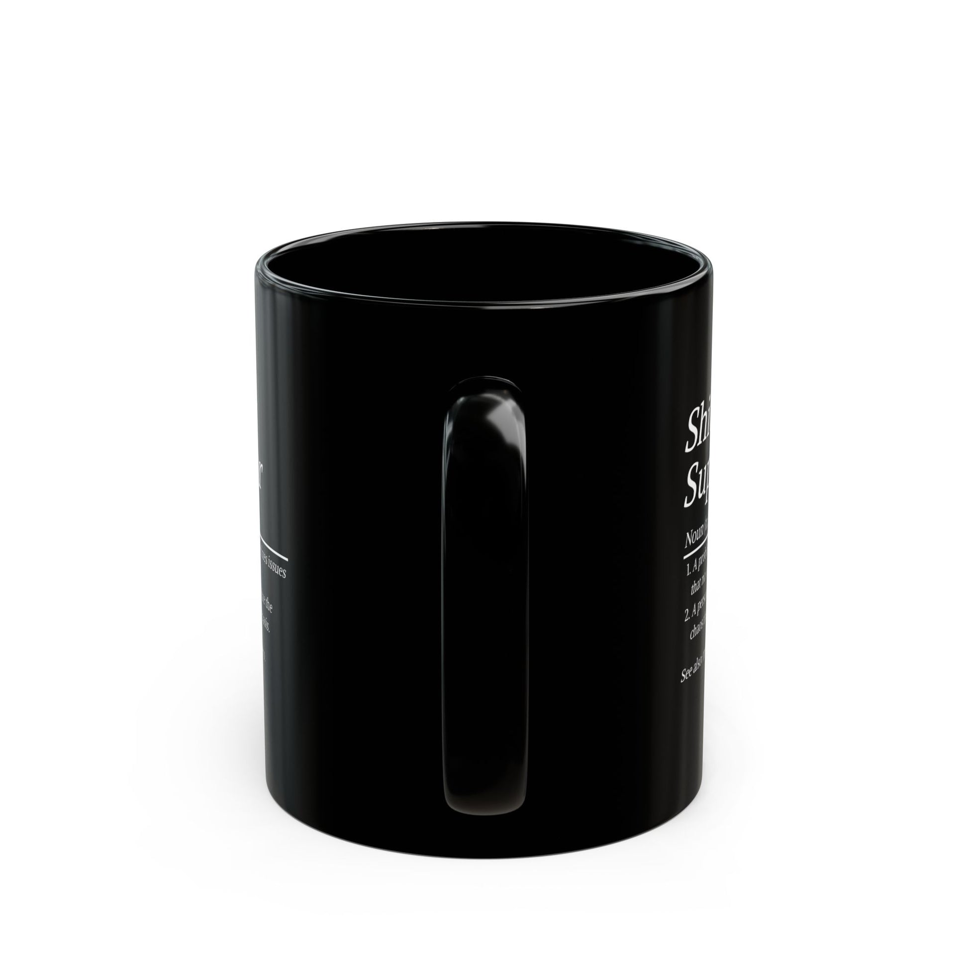 Black mug with text on a white background