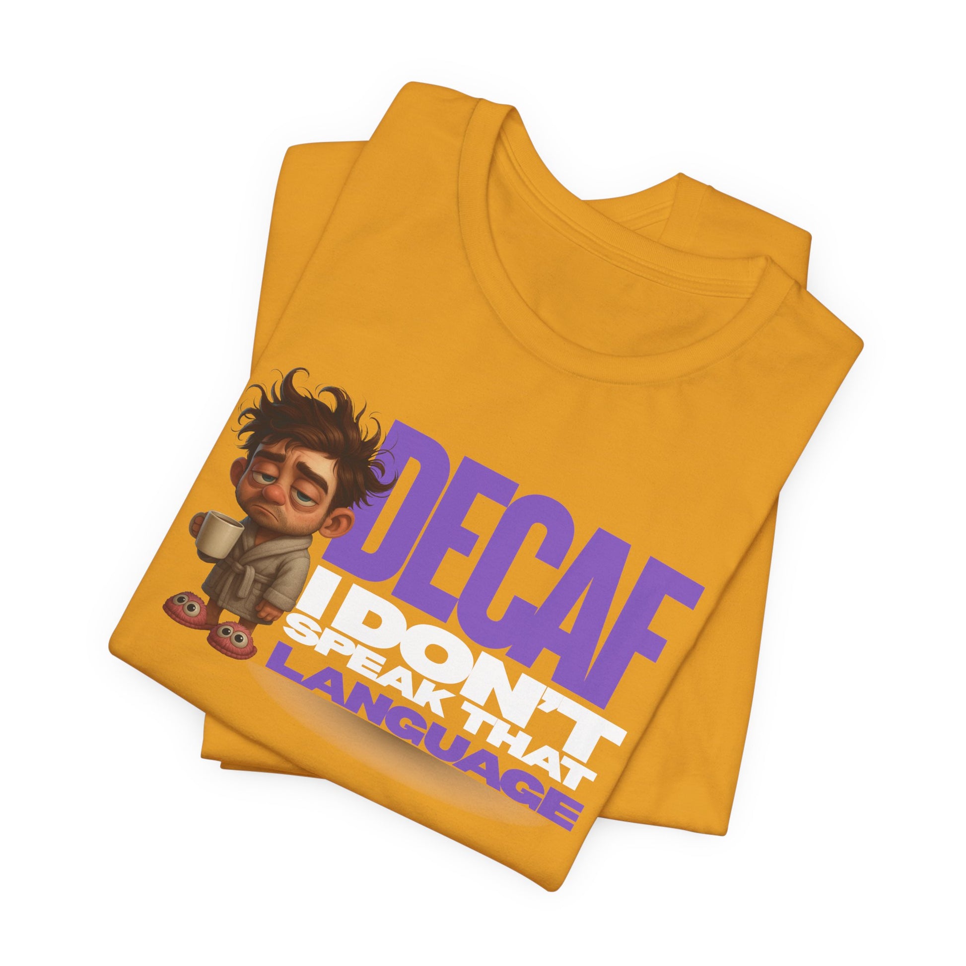 Yellow t-shirt with cartoon character and text on a white background