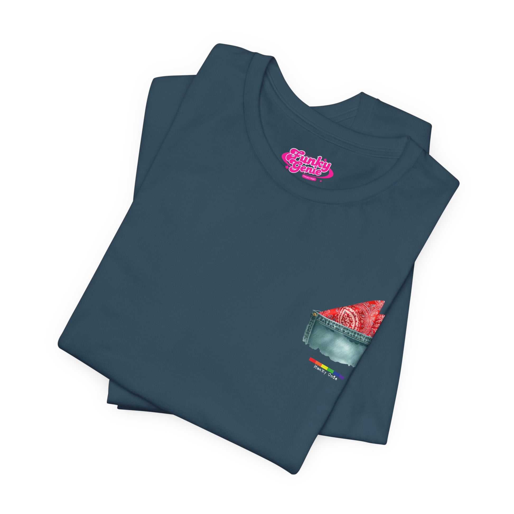 Deep Teal t-shirt with a small graphic of a pocket with a paisley print hanky tucked inside. it features the LGBT rainbow colours and the words Hanky Code