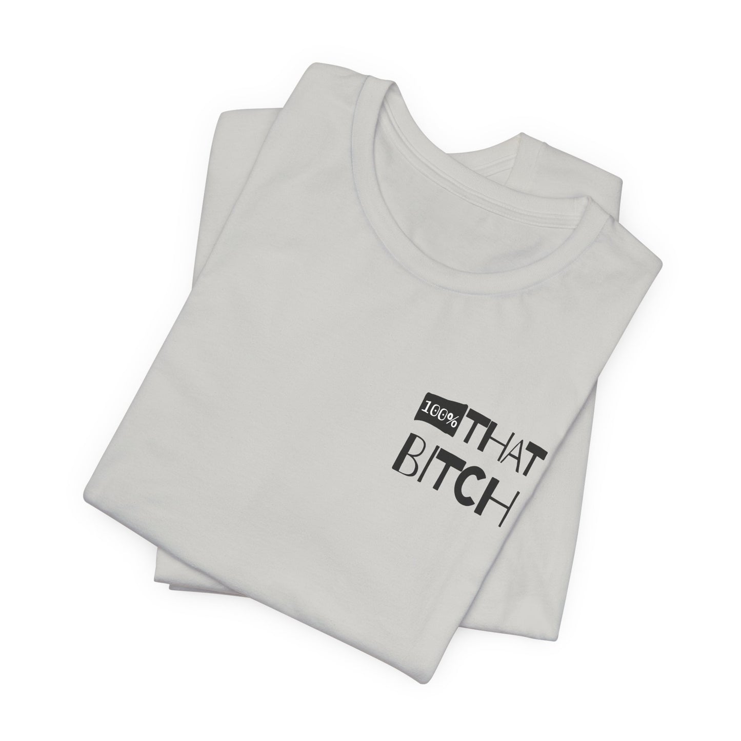 Stack of white tank tops with black text on a white background  100% that Bitch