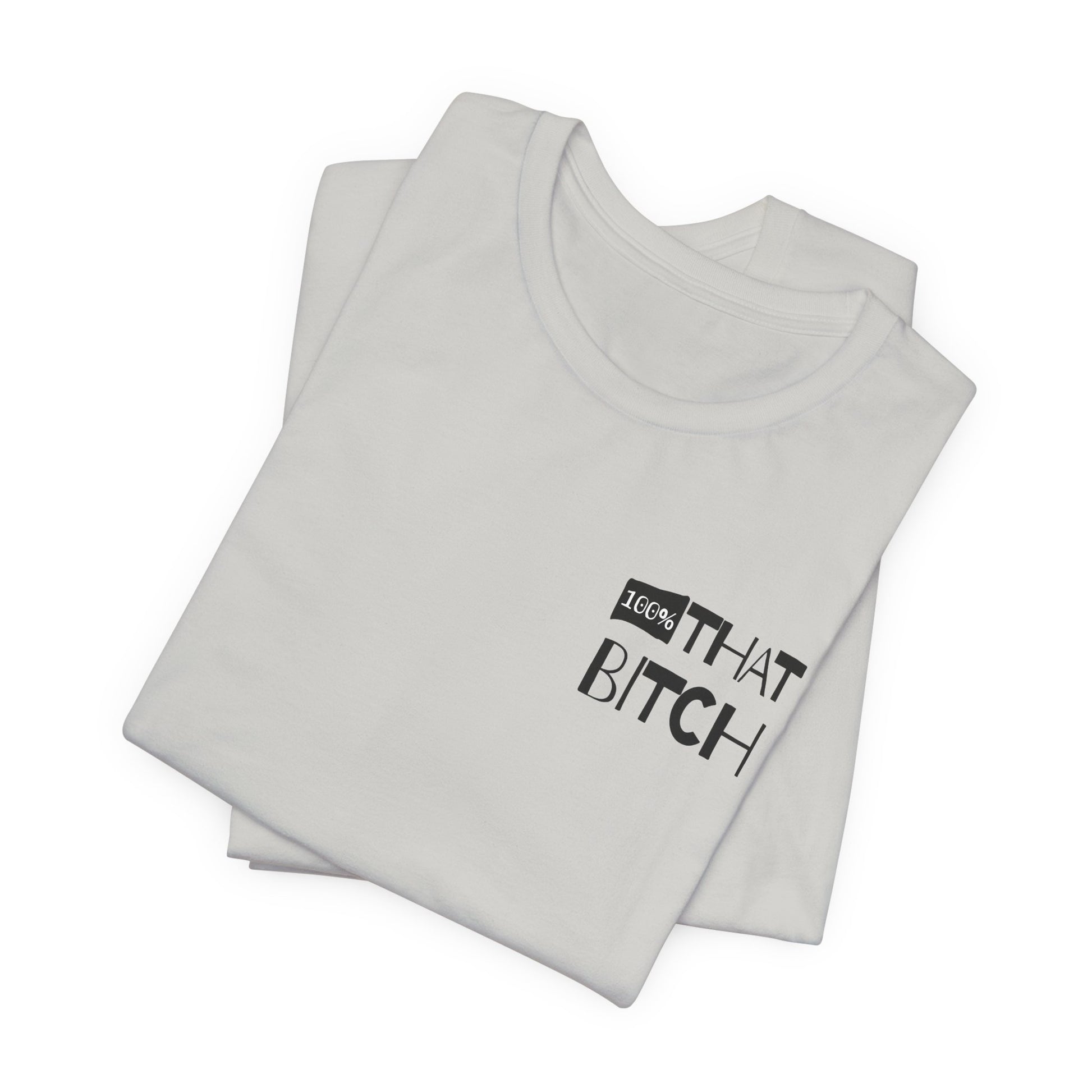 Stack of white tank tops with black text on a white background  100% that Bitch