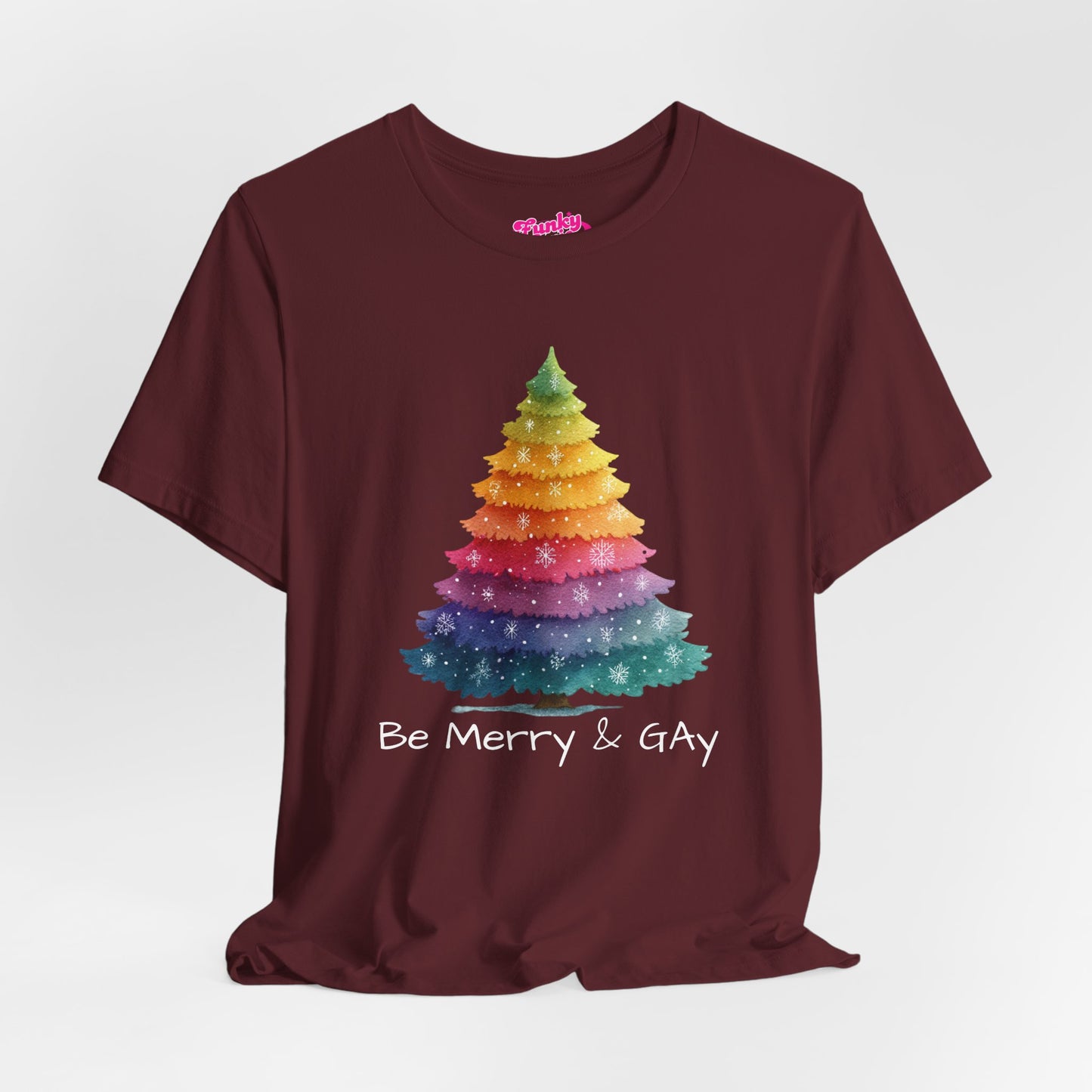 Festive LGBTQ+ Short Sleeve Tee, Be Merry & Gay T-Shirt, Pride Apparel, Christmas Gift, Holiday Top, Unisex Graphic Tee.