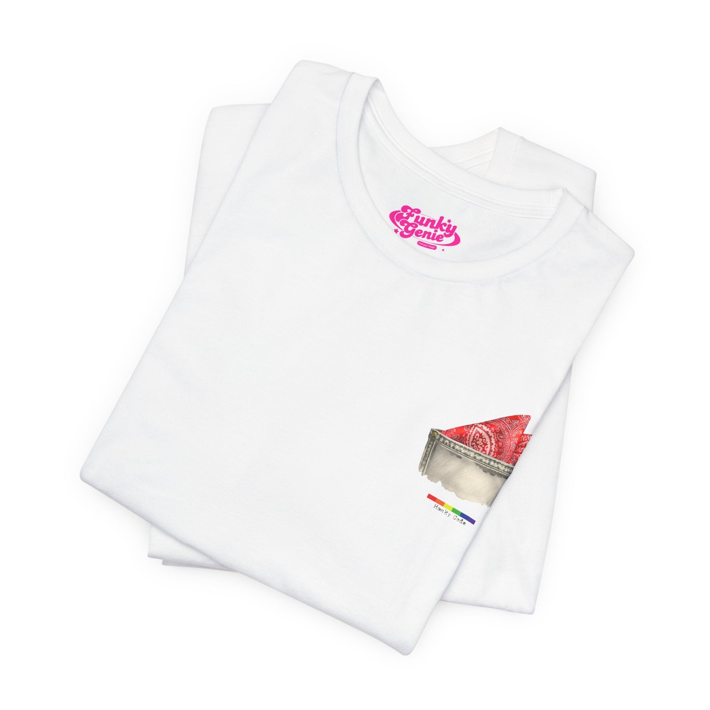 White t-shirt with a small graphic of a pocket with a paisley print hanky tucked inside. it features the LGBT rainbow colours and the words Hanky Code