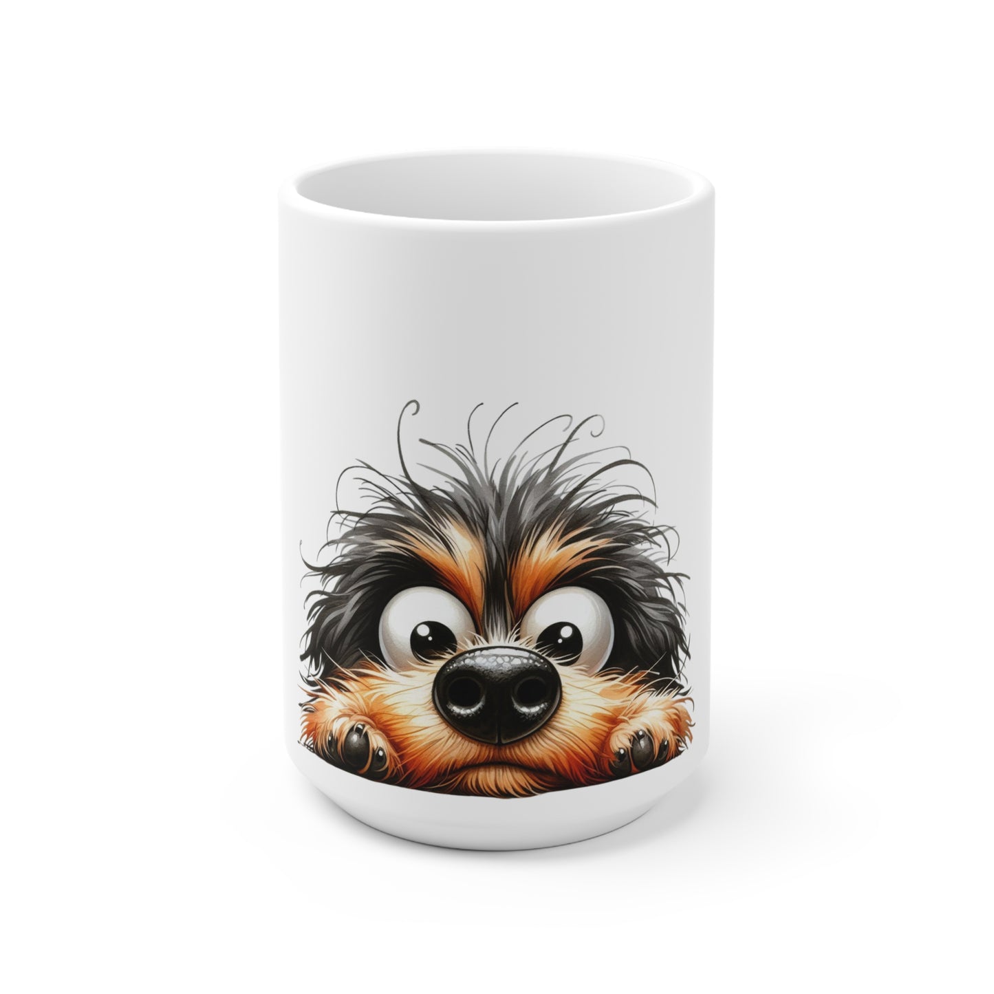White mug with a cartoon dog design on a white background