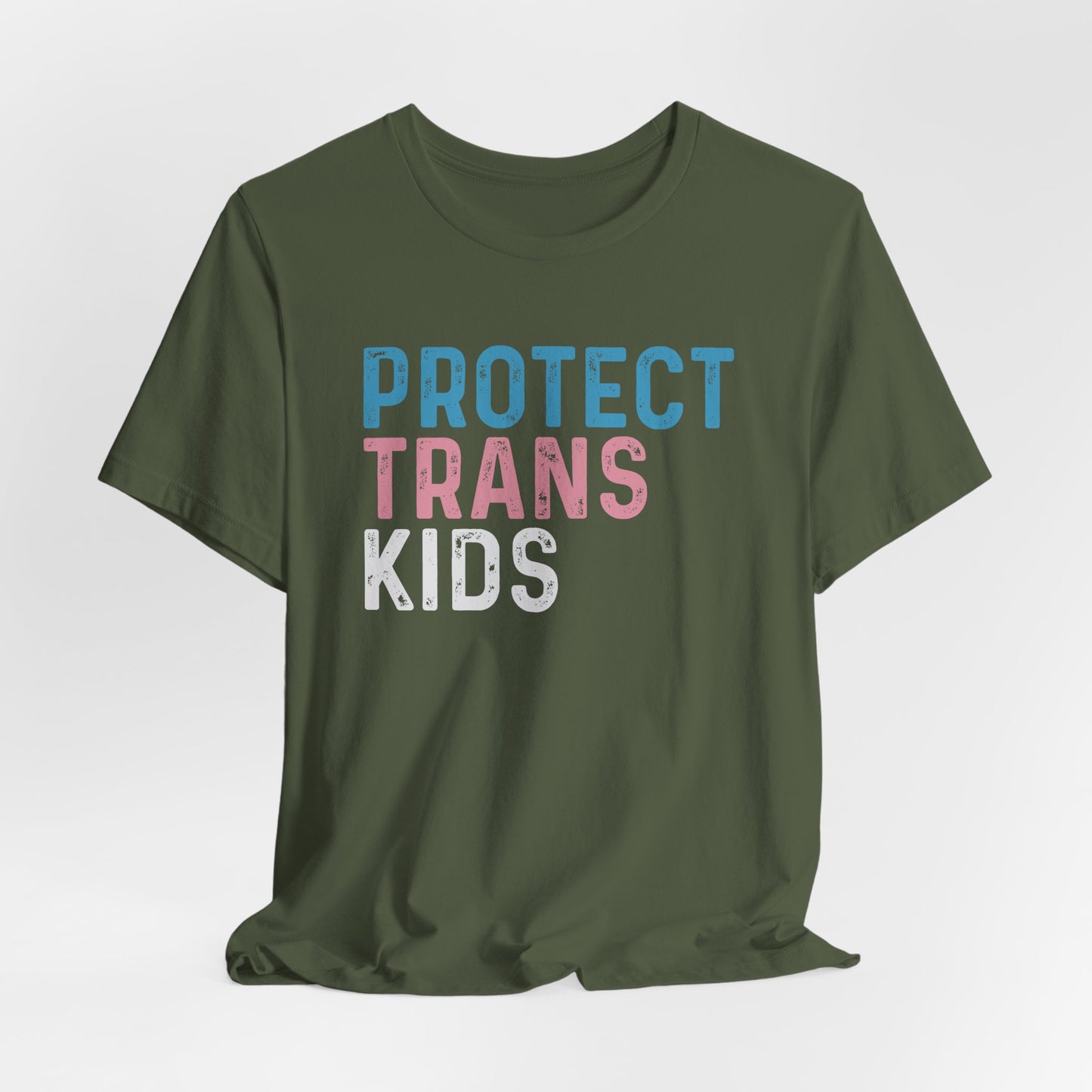 Green t-shirt with 'PROTECT TRANS KIDS' text on a white background LGBTQIA+, Queer, Trans rights