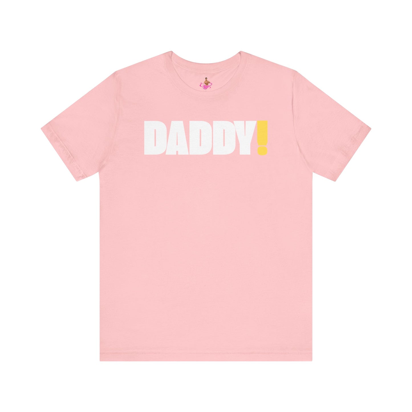 Man wearing a black t-shirt with 'DADDY!' text against a dark background LGBTQIA+ Kink Positive