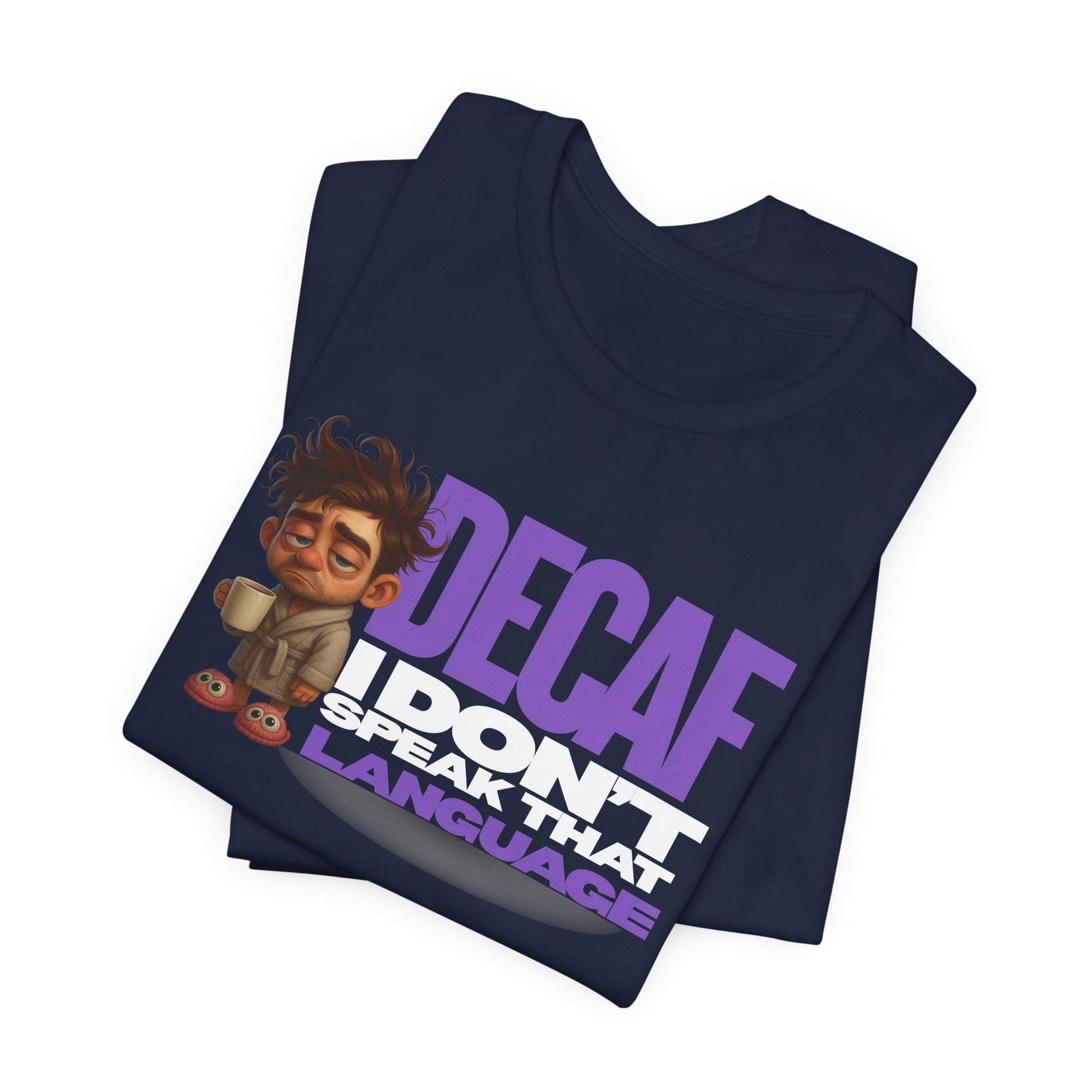 Folded navy blue t-shirt with cartoon character and text on a white background