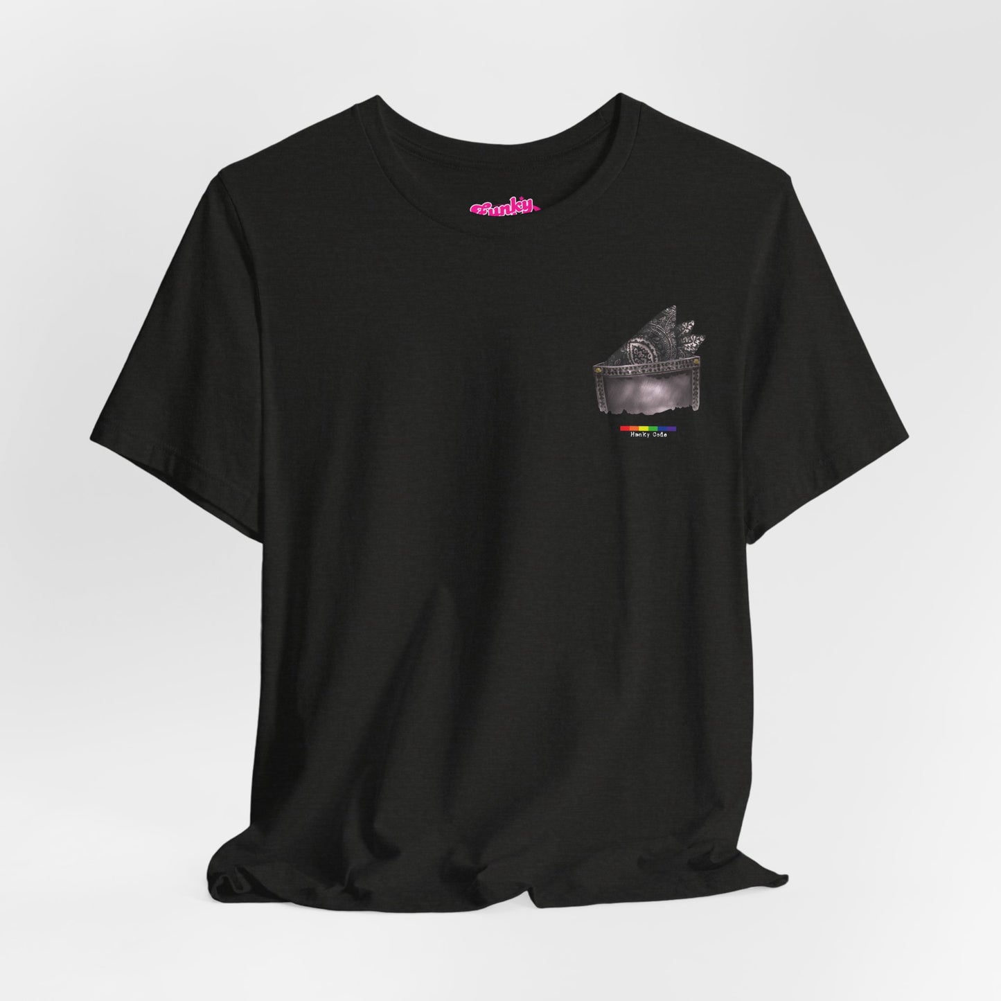 Black  t-shirt with a small graphic of a pocket with a paisley print hanky tucked inside. it features the LGBT rainbow colours and the words Hanky Code