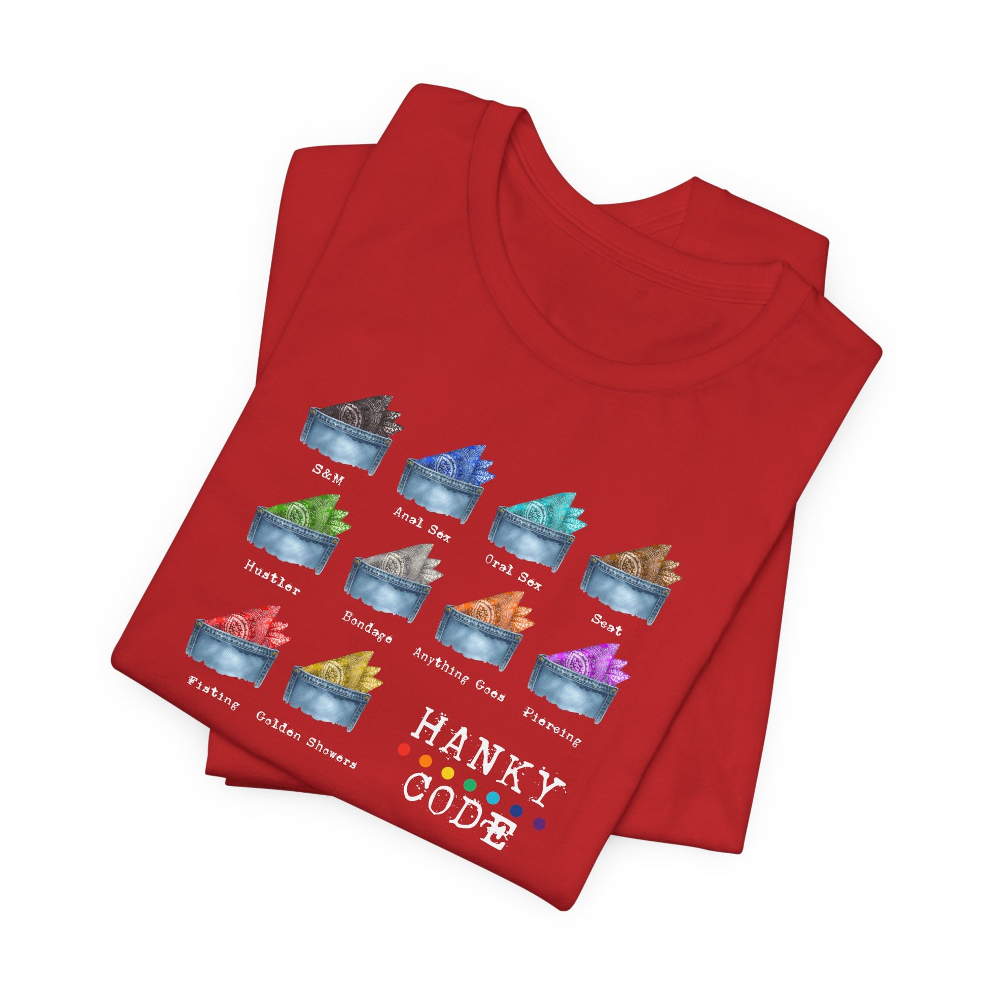 Red t-shirt with a selection of small graphic images of pockets with a paisley print hankies tucked inside. it features the LGBT rainbow colours and the words Hanky Code