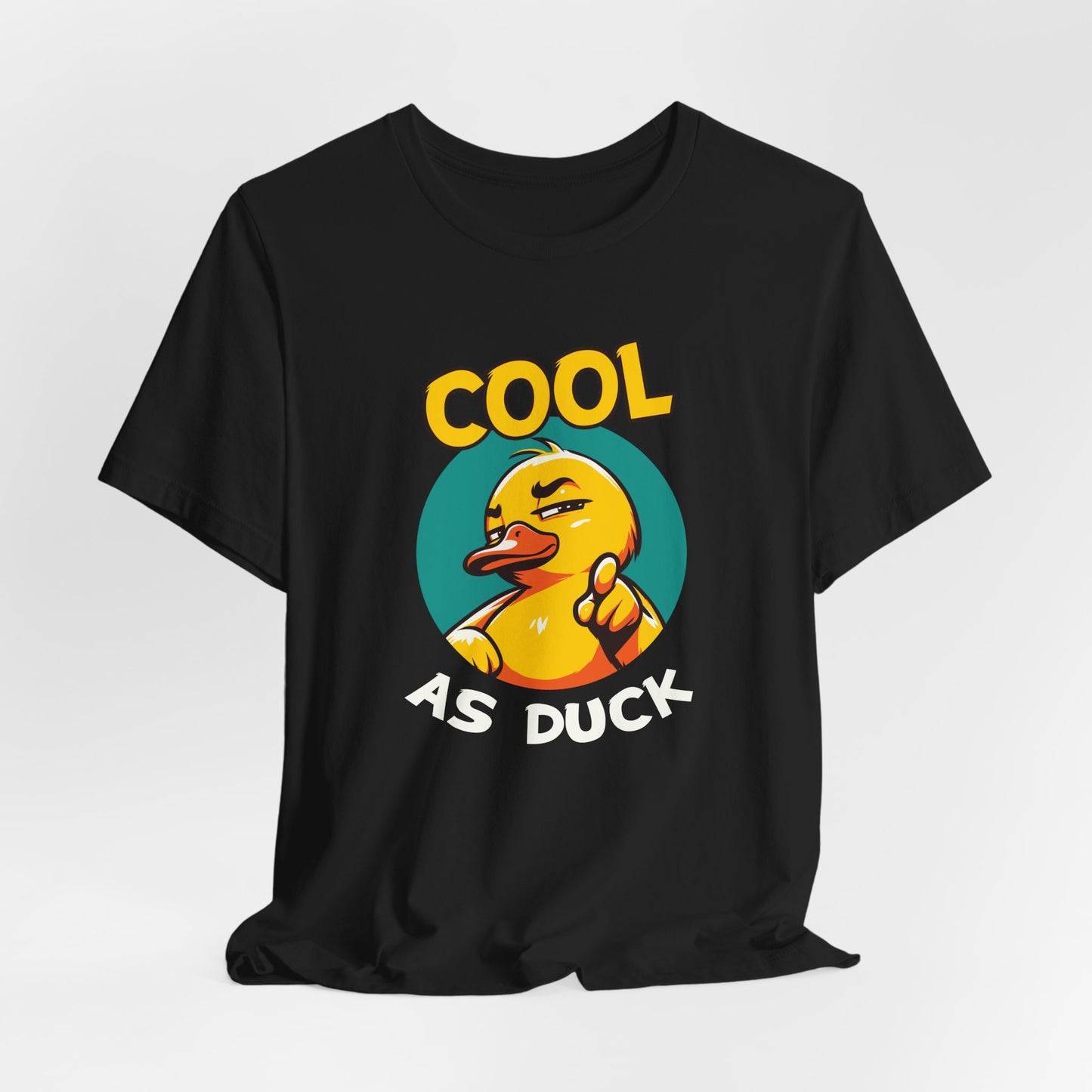 Black t-shirt with a graphic of a duck and text 'Cool as Duck' on a white background