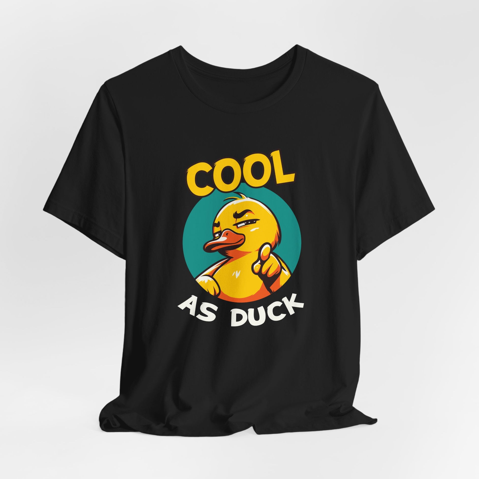 Black t-shirt with a graphic of a duck and text 'Cool as Duck' on a white background