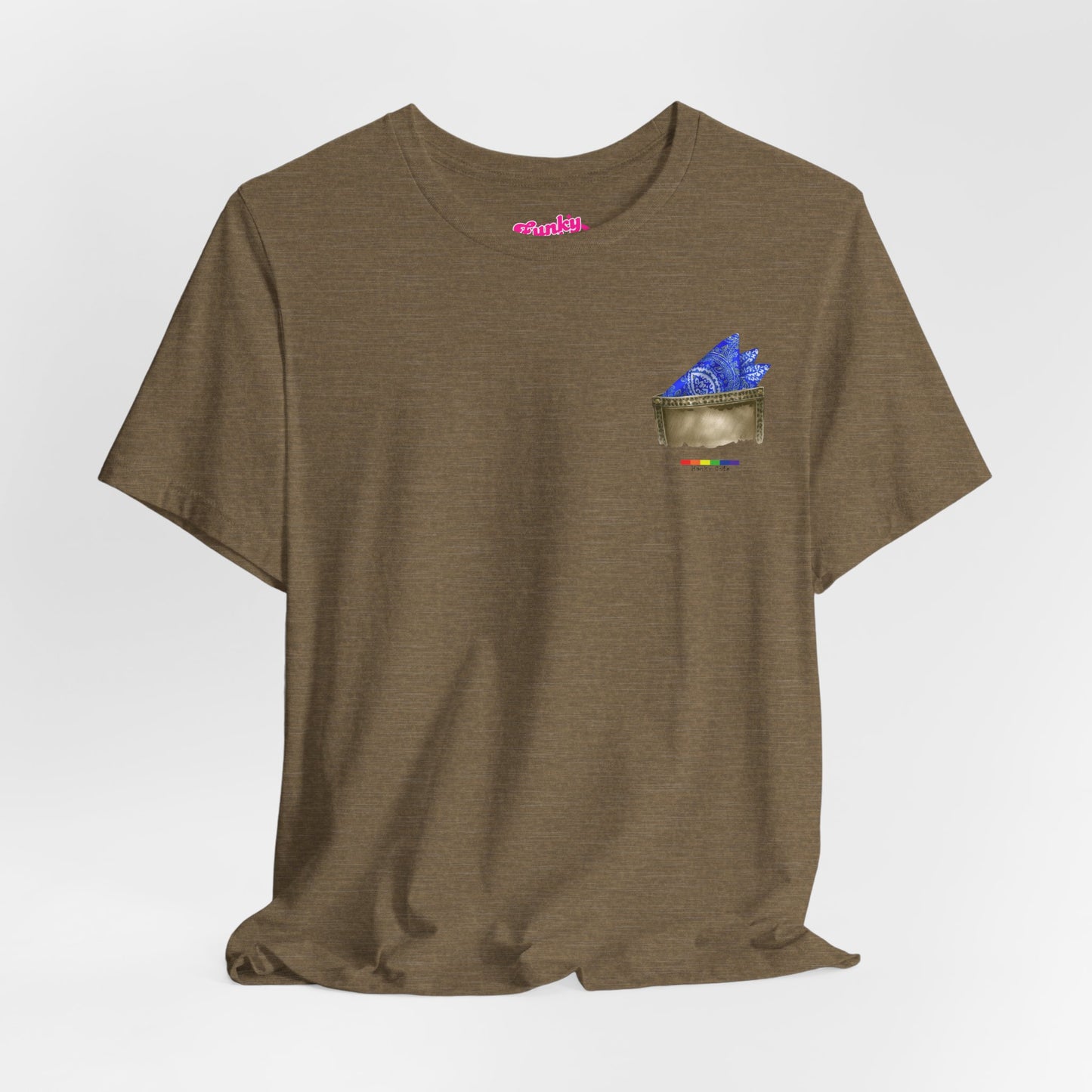 Olive green  t-shirt with a small graphic of a pocket with a paisley print hanky tucked inside. it features the LGBT rainbow colours and the words Hanky Code