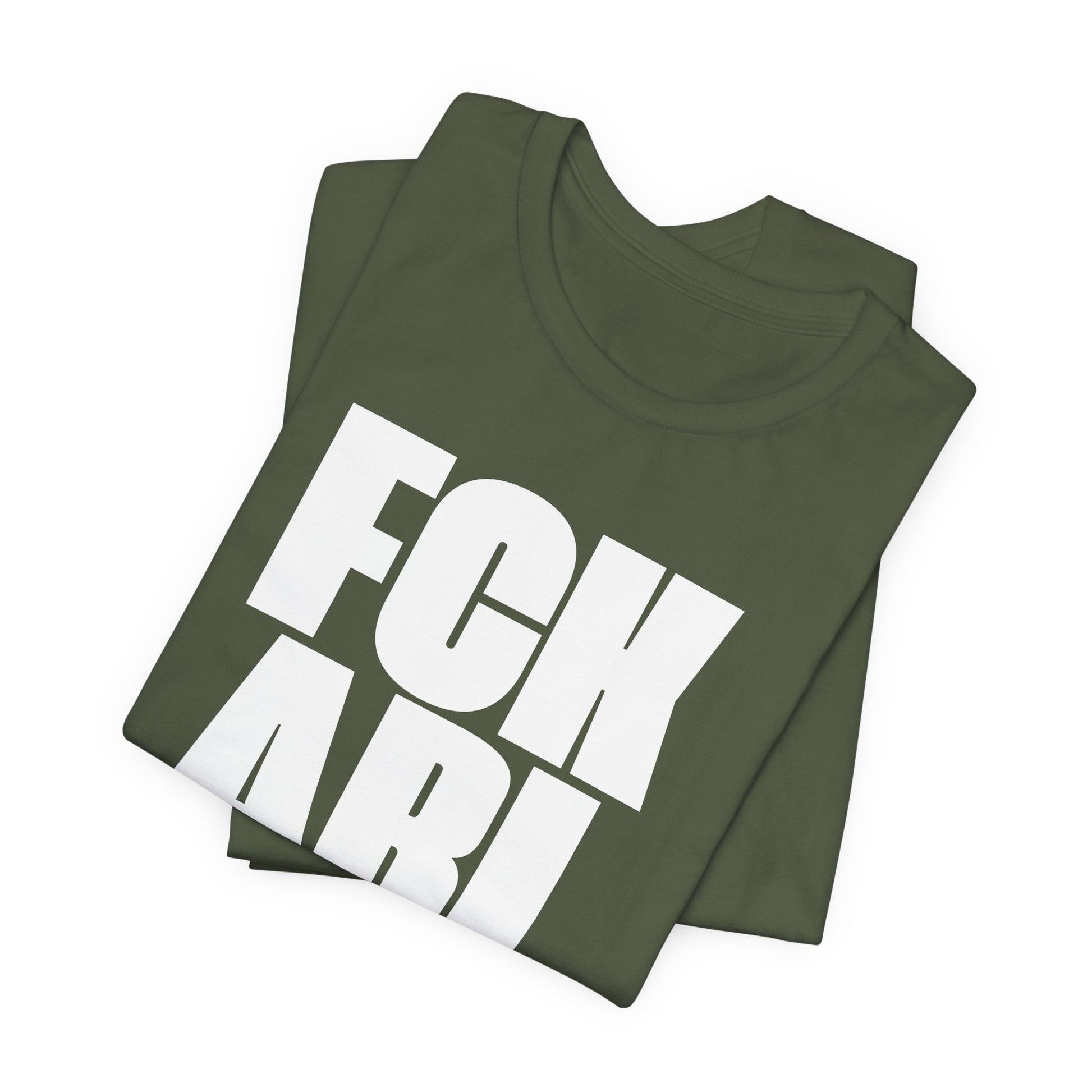 Green t-shirt with white text on a white background