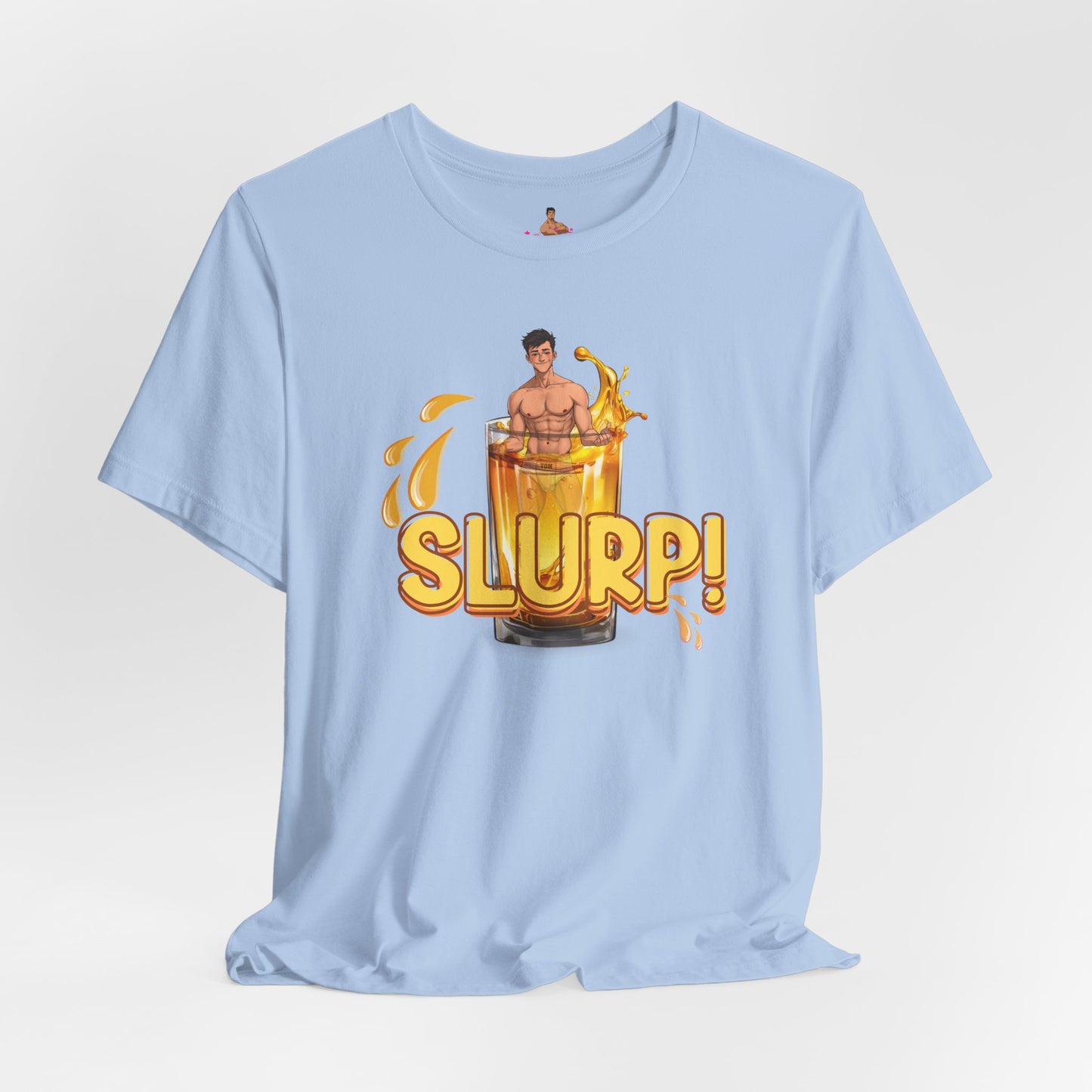 Baby Blue t-shirt with a graphic design of a person inside  a glass of yellow liquid with 'SLURP!' text on a. Watersports, piss play, Kink, LGBTQIA+