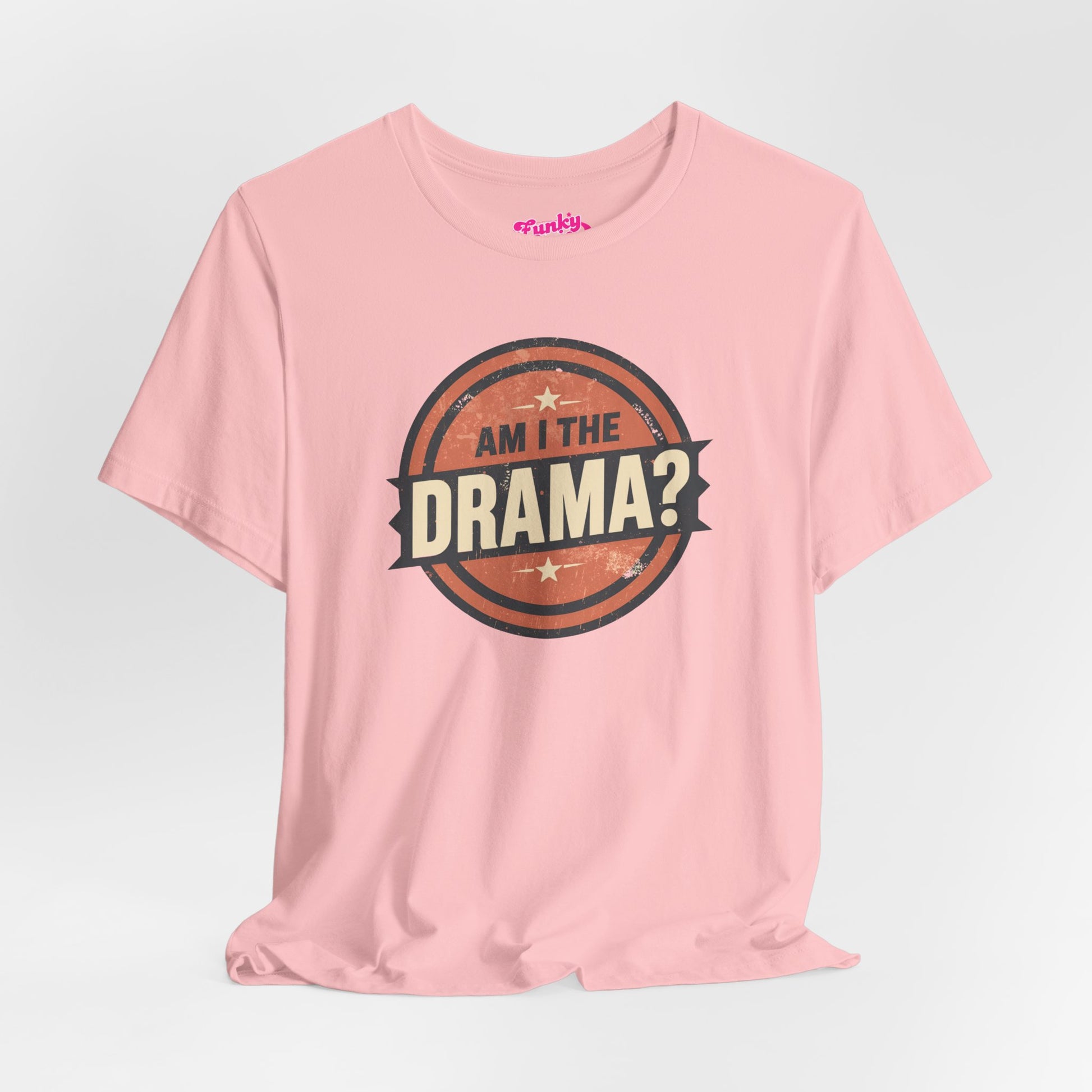 Circular logo with 'Am I The Drama?' text on a white background Am I the Drama? - Short Sleeve Tee - Funny T-Shirt for Social Events, Gift for Friends, Casual Wear, Birthday Present, and Drama Lovers