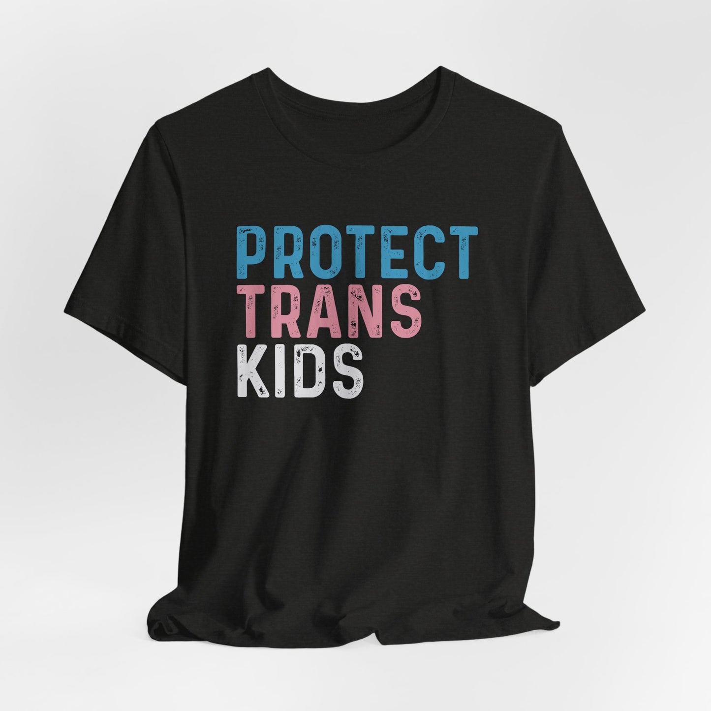 Black t-shirt with 'PROTECT TRANS KIDS' text on a white background LGBTQIA+, Queer, Trans rights