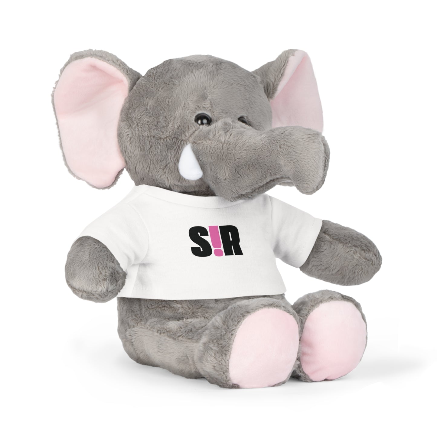Plush elephant toy wearing a white shirt with 'SIR' logo on a white background