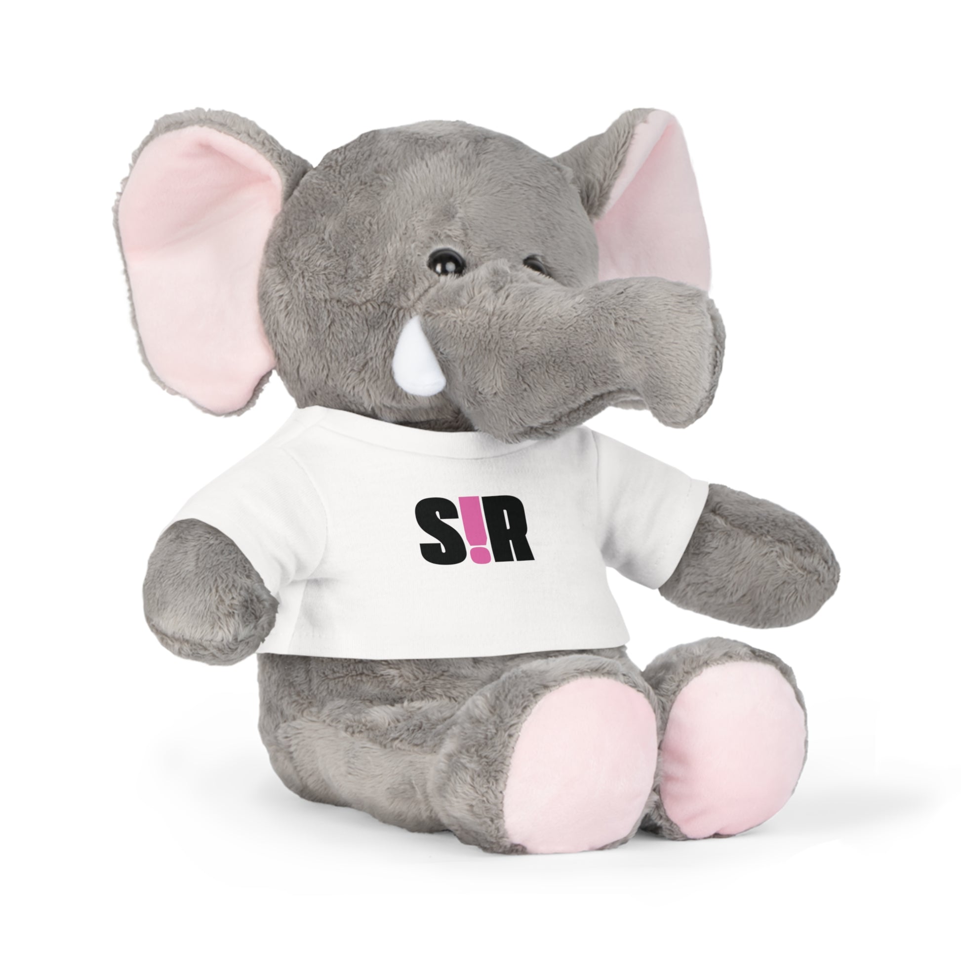 Plush elephant toy wearing a white shirt with 'SIR' logo on a white background